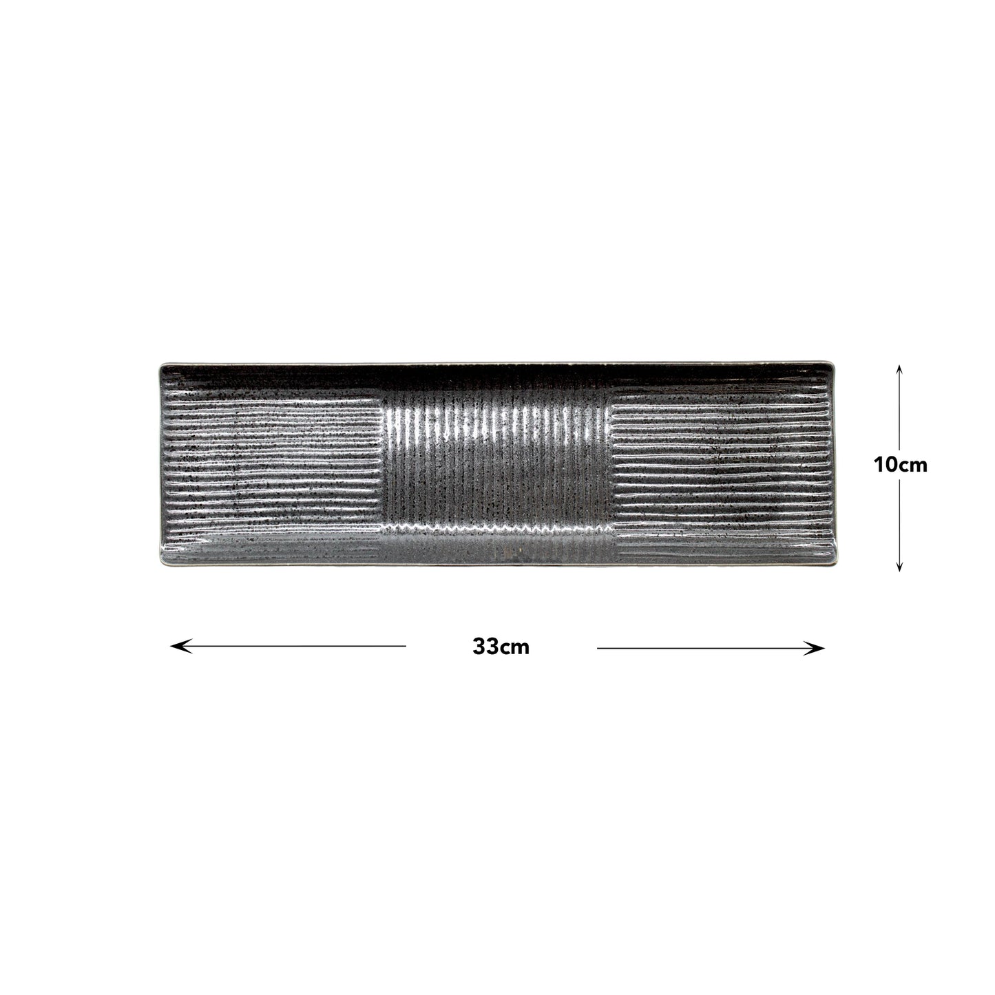 
                  
                    The Sashimi Platter - Line Design Black is a sleek rectangular Japanese platter with a textured black glaze, measuring 33 cm by 10 cm, shown on a white background with measurement indicators.
                  
                
