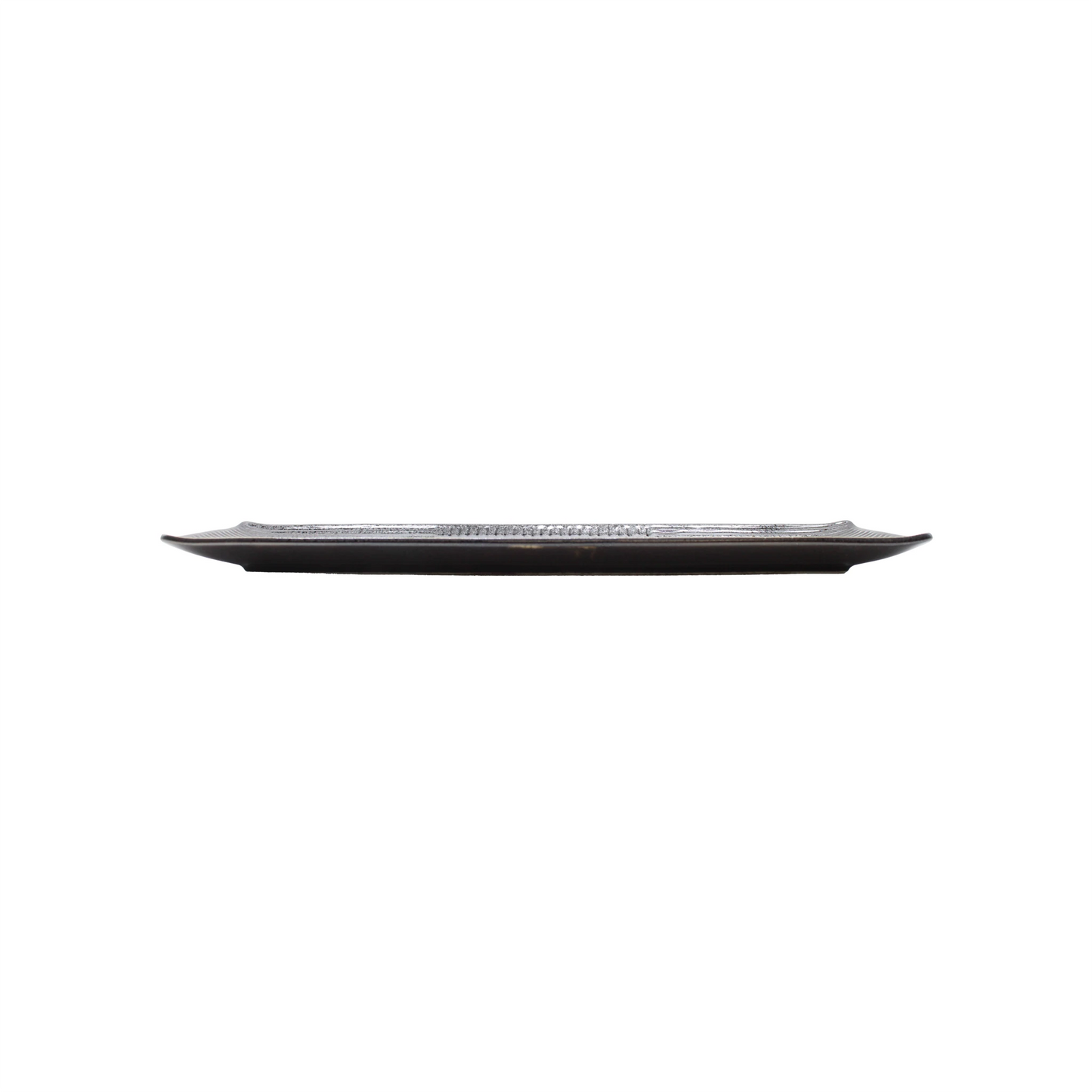 
                  
                    The Sashimi Platter - Line Design Black is a long, rectangular Japanese platter featuring a sleek black glaze and slightly raised edges, shown from the side against a white background.
                  
                