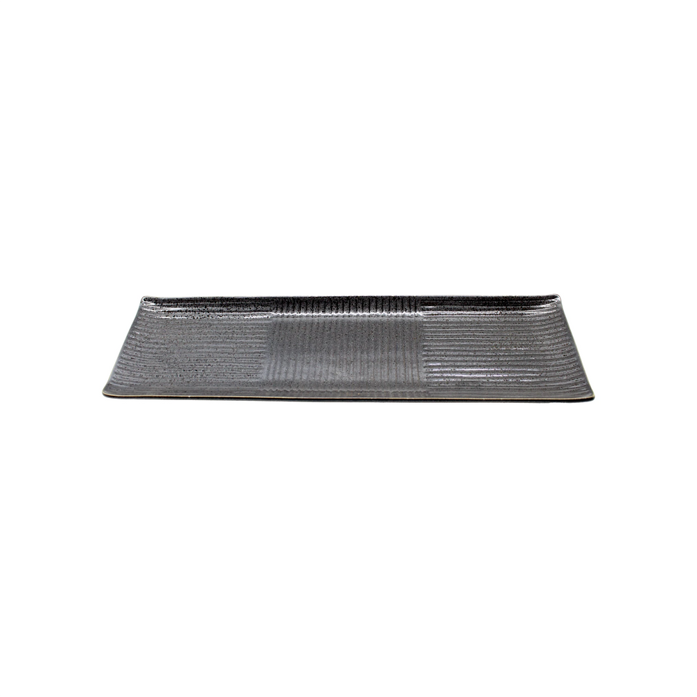 The Sashimi Platter - Line Design Black is a rectangular black ceramic serving plate with a textured surface and elegant black glaze, inspired by Japanese aesthetics, shown on a white background.