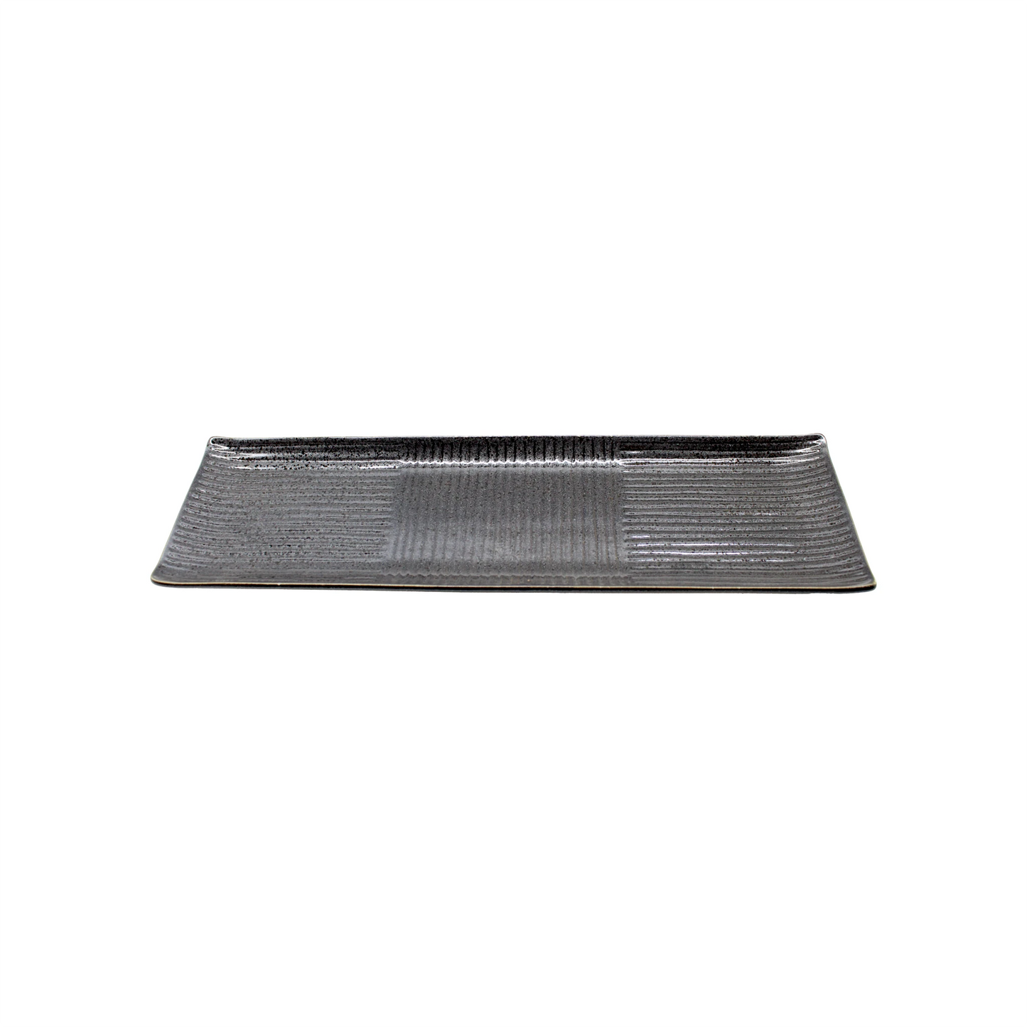 The Sashimi Platter - Line Design Black is a rectangular black ceramic serving plate with a textured surface and elegant black glaze, inspired by Japanese aesthetics, shown on a white background.
