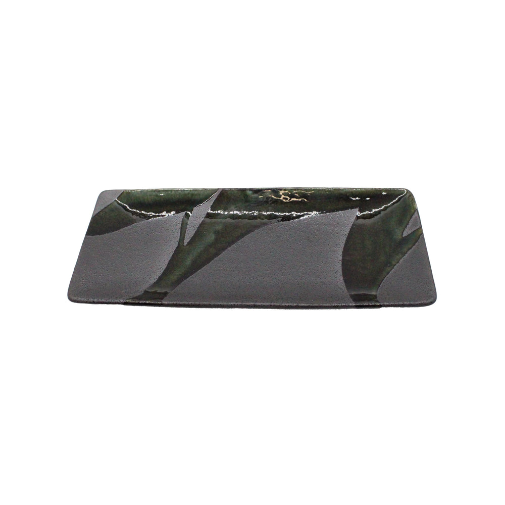 The Sashimi Platter - Mino Craft Green and Grey is a rectangular Minoyaki stoneware platter with a dark, glossy glaze featuring abstract green and grey patterns against a white background.