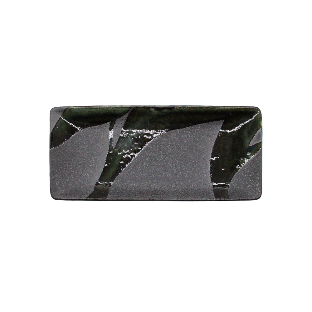 
                  
                    The Sashimi Platter - Mino Craft Green and Grey is a rectangular Minoyaki stoneware platter featuring a dark matte finish with abstract glossy black and green patterns, shown from above on a white background.
                  
                
