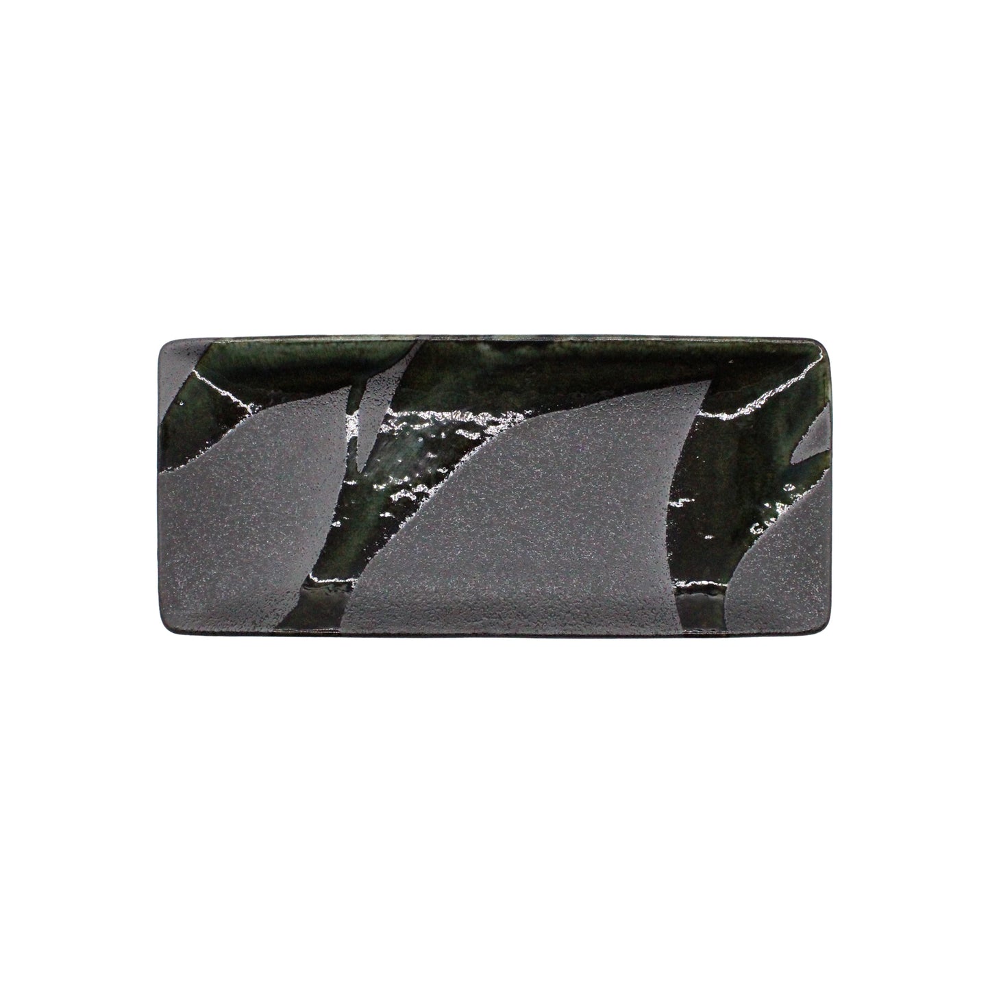 
                  
                    The Sashimi Platter - Mino Craft Green and Grey is a rectangular Minoyaki stoneware platter featuring a dark matte finish with abstract glossy black and green patterns, shown from above on a white background.
                  
                
