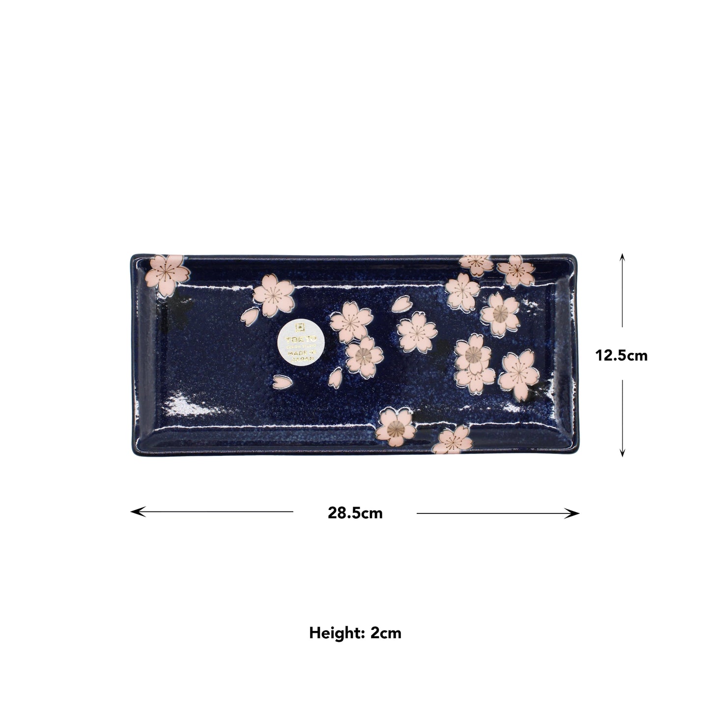 
                  
                    The Sashimi Platter - Navy & Pink Sakura Blossom is a rectangular Japanese ceramic platter featuring a pink cherry blossom design, measuring 28.5 cm x 12.5 cm x 2 cm.
                  
                