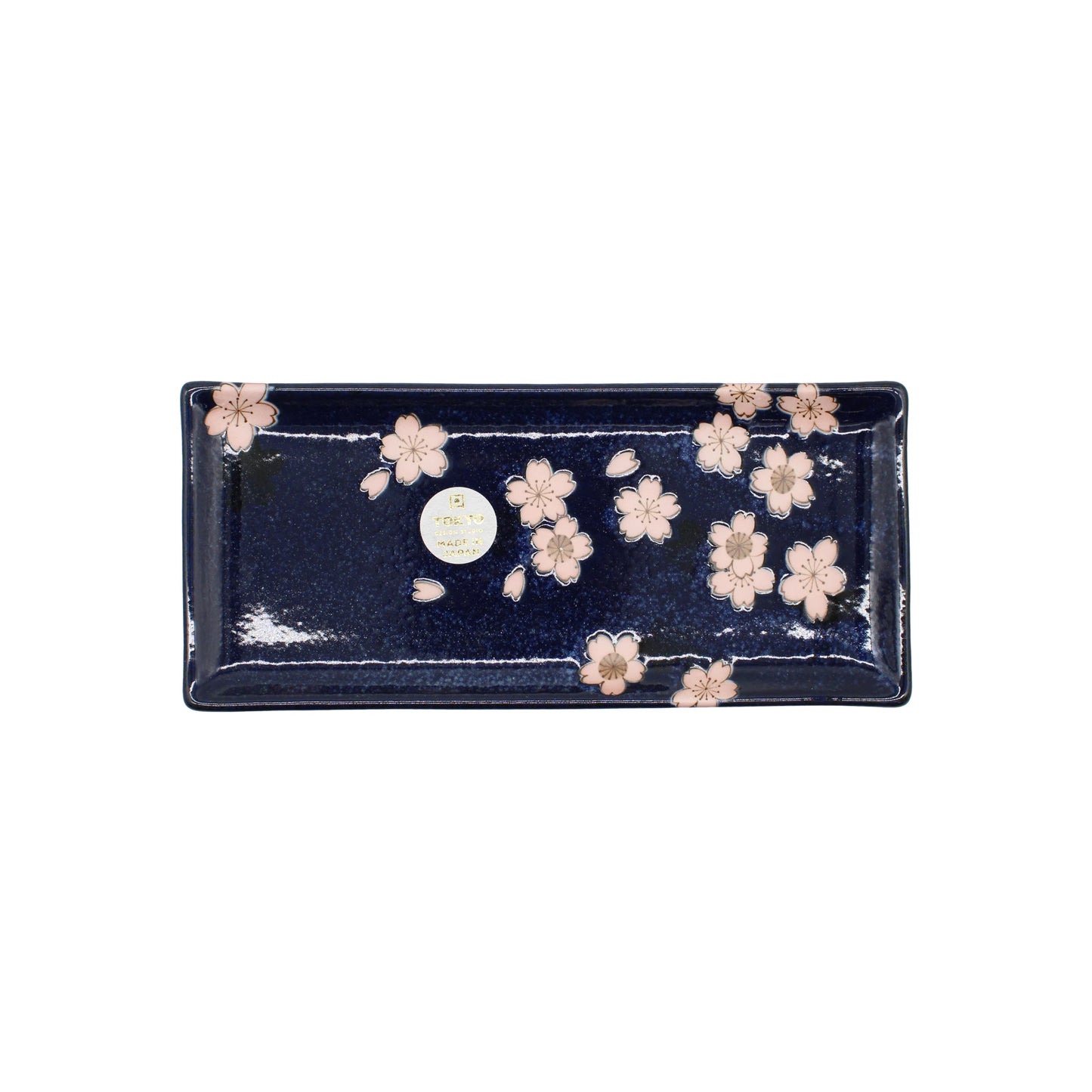Sashimi Platter - Navy & Pink Sakura Blossom: A rectangular dark blue Japanese ceramic platter featuring pink sakura cherry blossom designs and a small round sticker on the surface.
