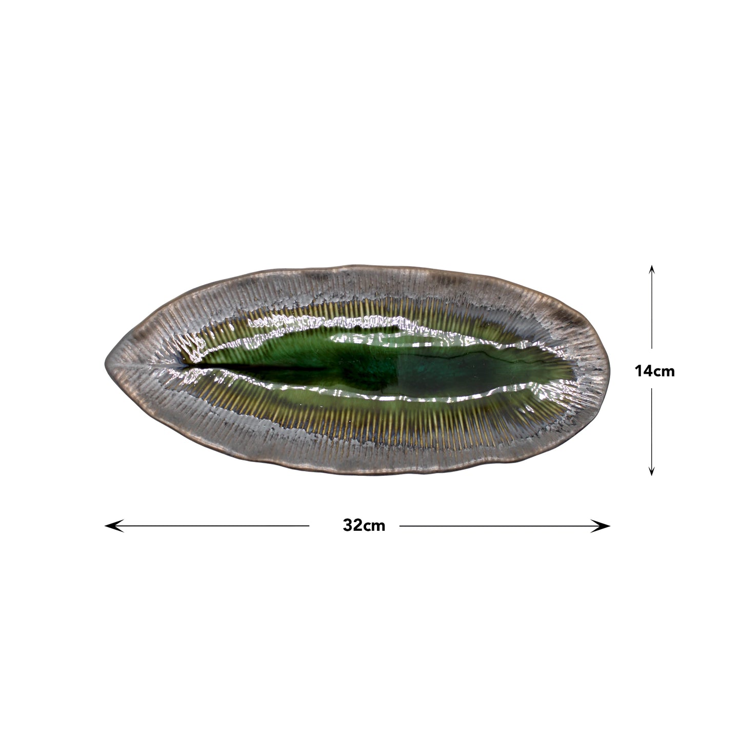 The Sashimi Platter - Oval in Midori Green is a 32 x 14 cm Minoyaki porcelain dish with a green center, inspired by Japanese tableware. Displayed on a white background with measurement arrows.