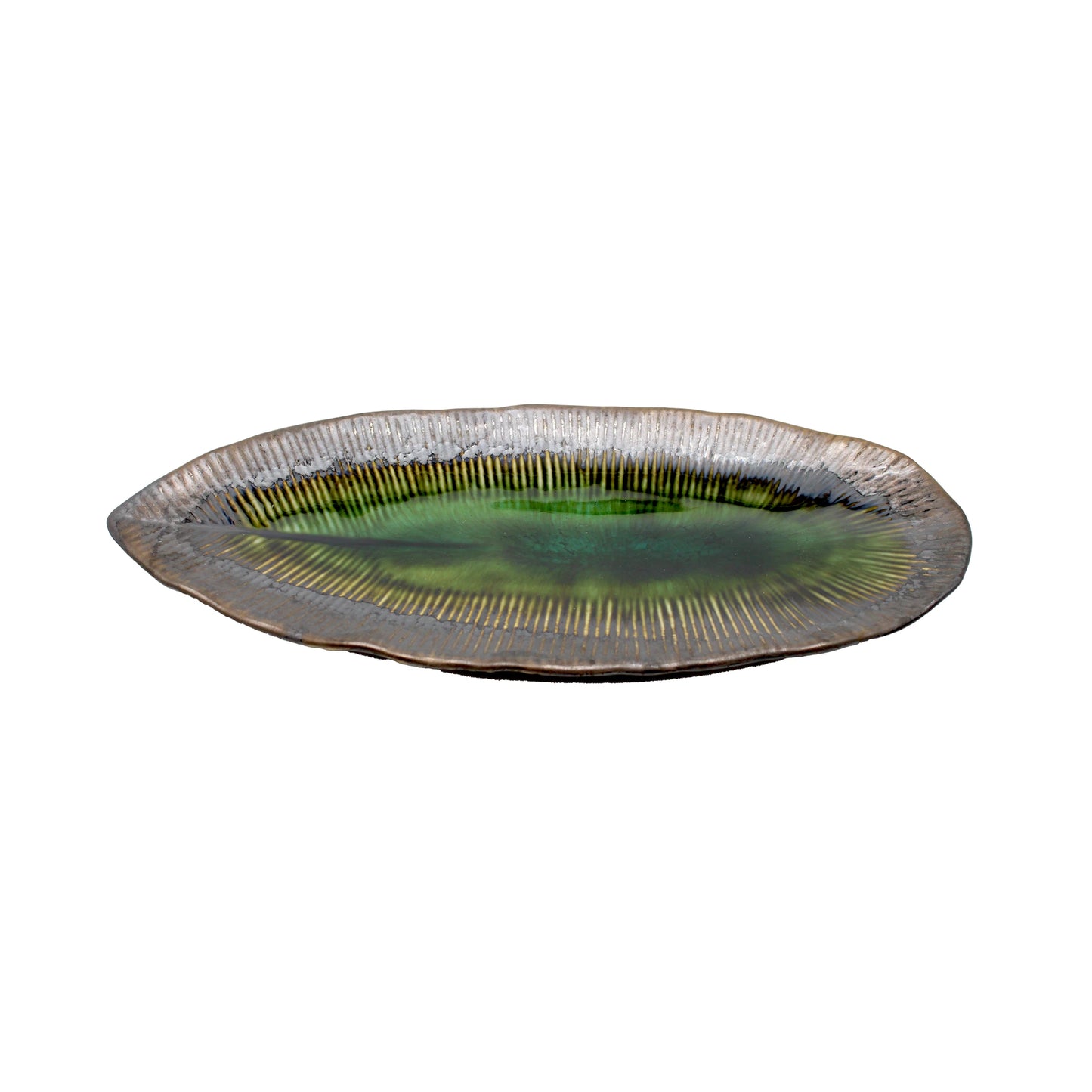 
                  
                    The Sashimi Platter - Oval in Midori Green is a leaf-shaped Minoyaki porcelain plate featuring a green glazed center and textured brown edges, perfect as elegant Japanese tableware. Displayed on a plain white background.
                  
                