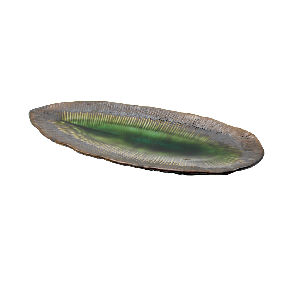 The Sashimi Platter - Oval in Midori Green is a ceramic piece inspired by Japanese tableware, featuring textured edges and a green glossy interior that embodies the wabi-sabi philosophy, all presented on a white background.