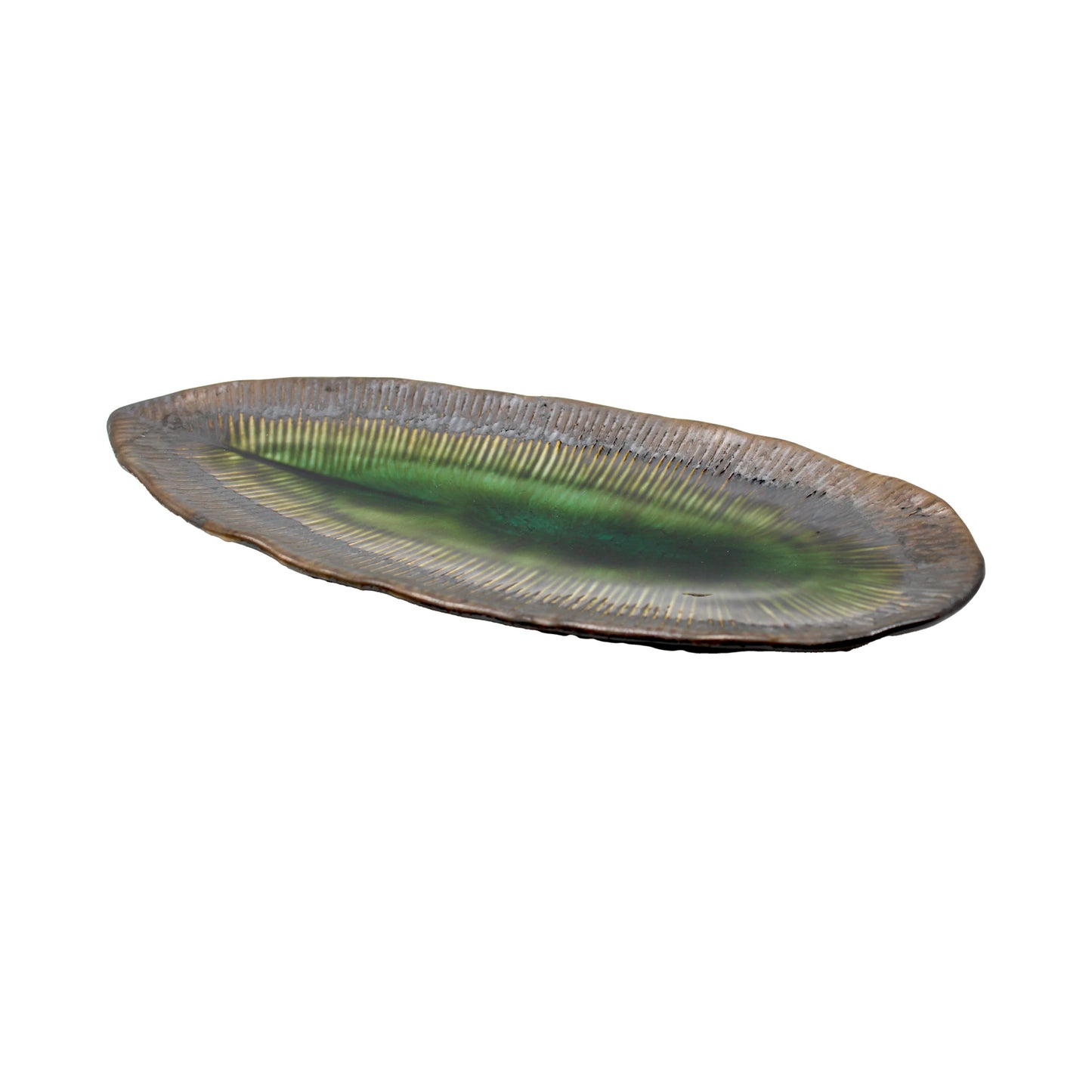 The Sashimi Platter - Oval in Midori Green is a ceramic piece inspired by Japanese tableware, featuring textured edges and a green glossy interior that embodies the wabi-sabi philosophy, all presented on a white background.