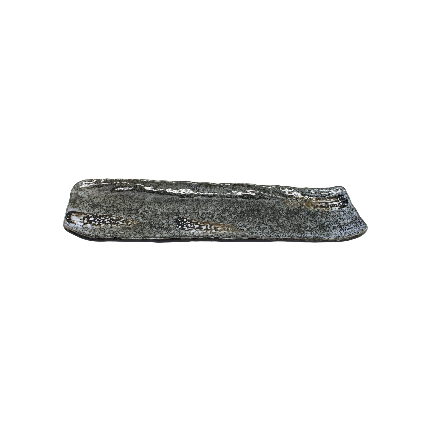 The Sashimi Platter - Shiranami Long is a rectangular Minoyaki porcelain platter with a textured dark grey surface, irregular edges, subtle white speckled accents, and a hand-finished touch.