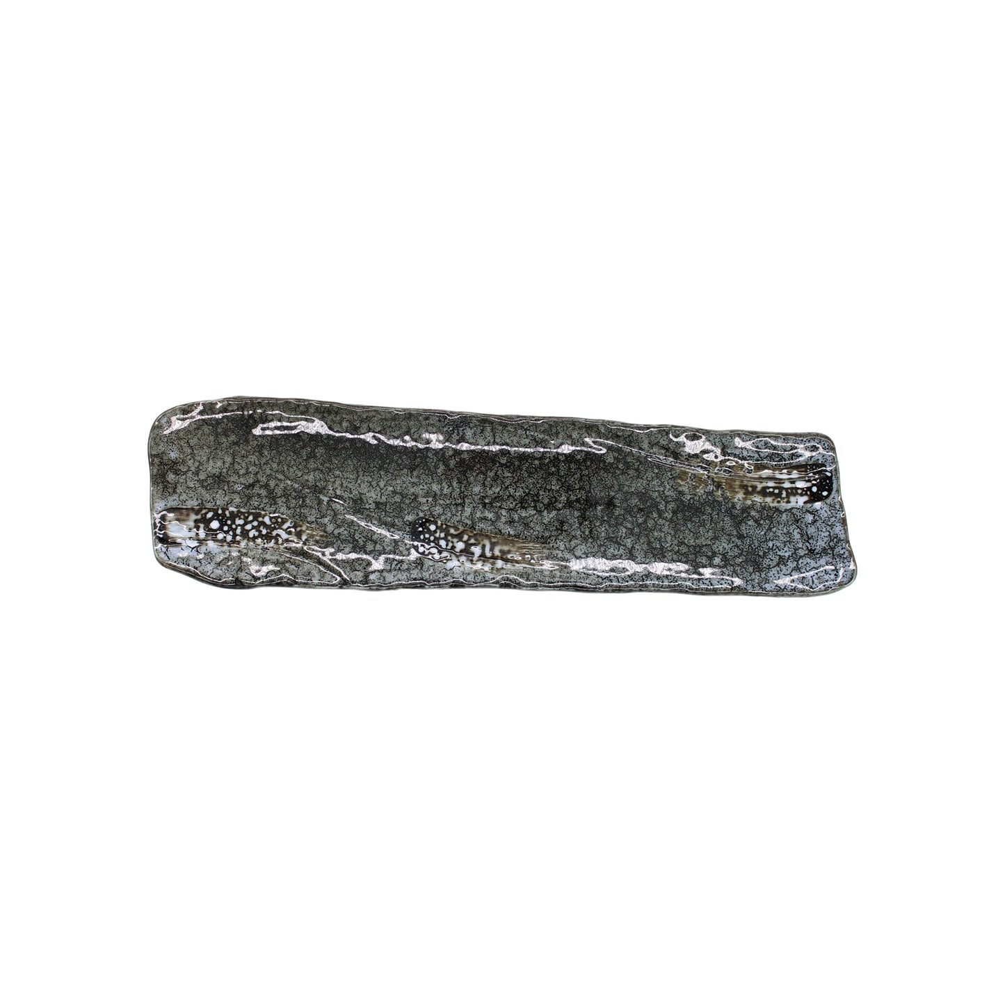 The Sashimi Platter - Shiranami Long is a rectangular Minoyaki porcelain platter featuring a textured dark grey crackled glaze, uneven edges, and hand-finished in the Shiranami design, shown on a white background.