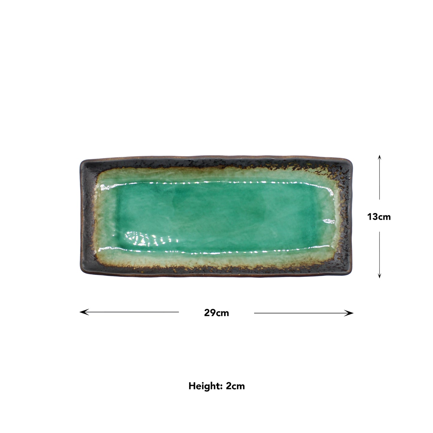 
                  
                    The Sashimi Platter - Turquoise Crackle Glaze is a rectangular ceramic dish with a turquoise crackle glaze center, measuring 29 x 13 x 2 cm—perfect for serving sashimi in style.
                  
                