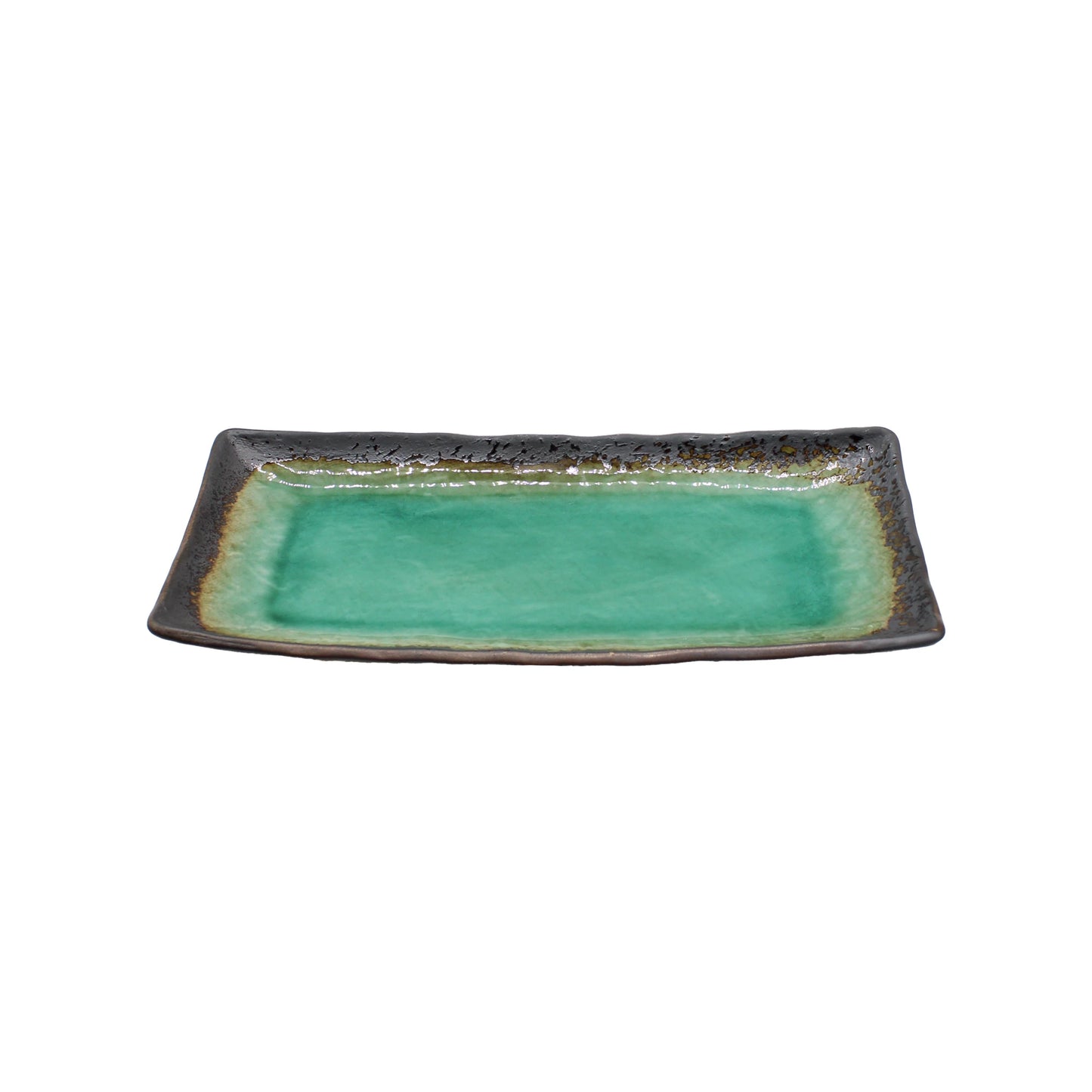 
                  
                    Sashimi Platter - Turquoise Crackle Glaze: rectangular Japanese platter with a turquoise crackle glaze center and dark, textured edges, shown on a white background.
                  
                