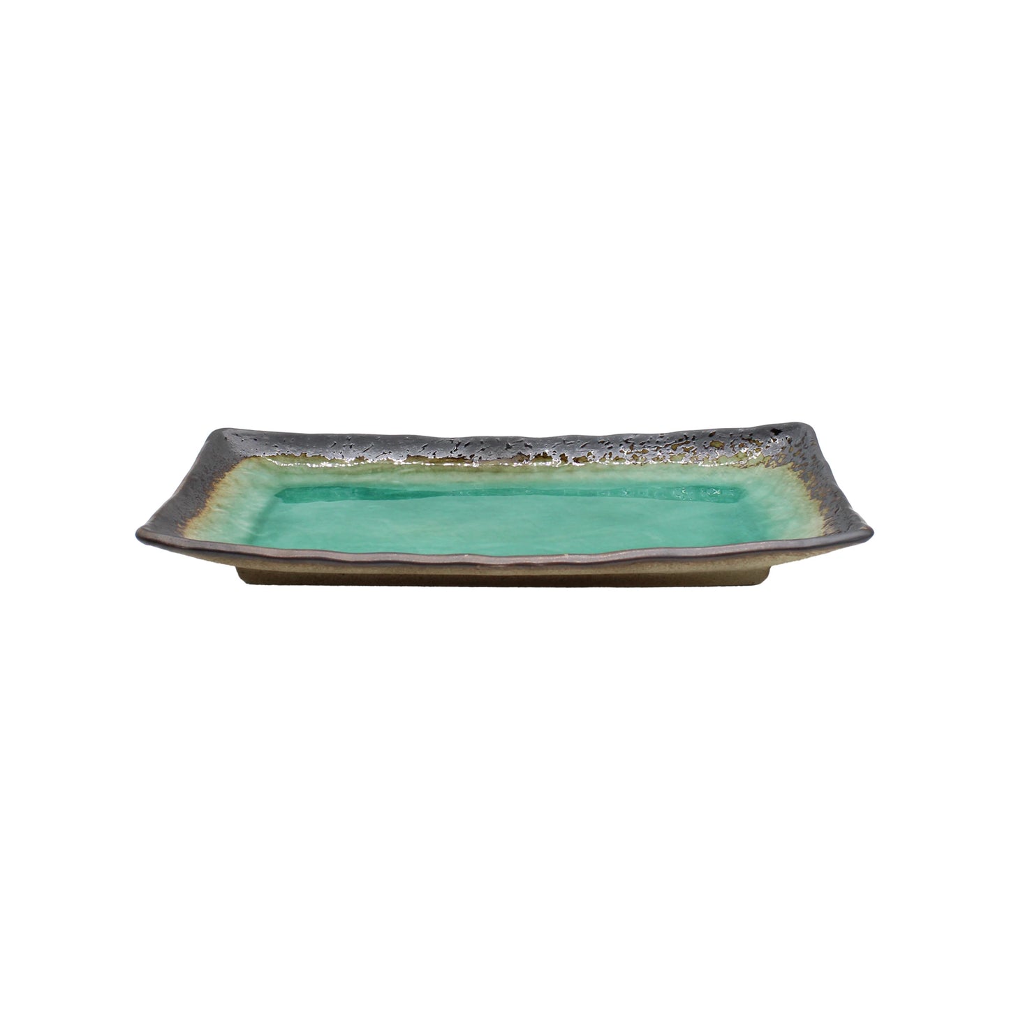 
                  
                    The Sashimi Platter - Turquoise Crackle Glaze features a rectangular shape, a textured dark brown rim, and a glossy green center with turquoise crackle details, shown against a white background.
                  
                