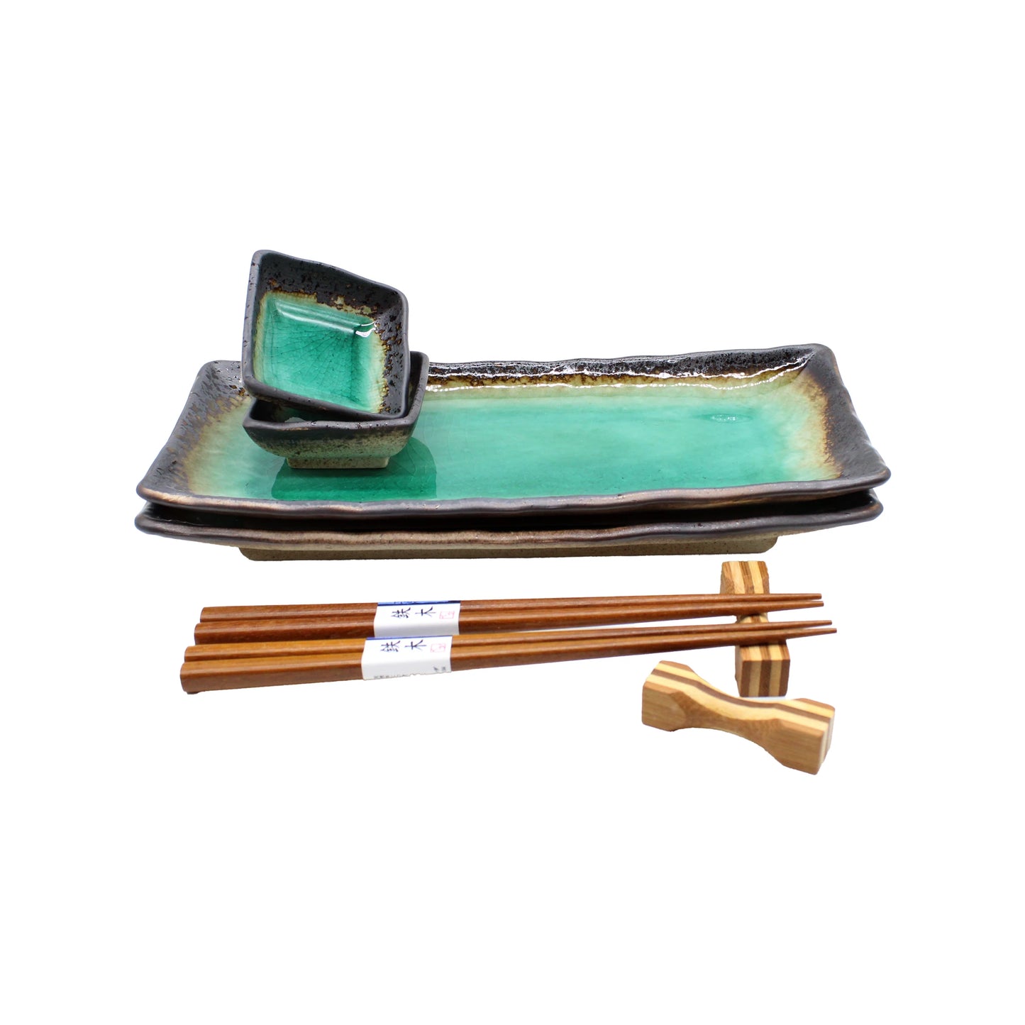 
                  
                    The Sashimi Gift Set - Turquoise Crackle Glaze includes a Japanese porcelain rectangular plate, two matching bowls, wooden chopsticks, and chopstick rests—all with a turquoise crackle glaze and arranged on a white background.
                  
                