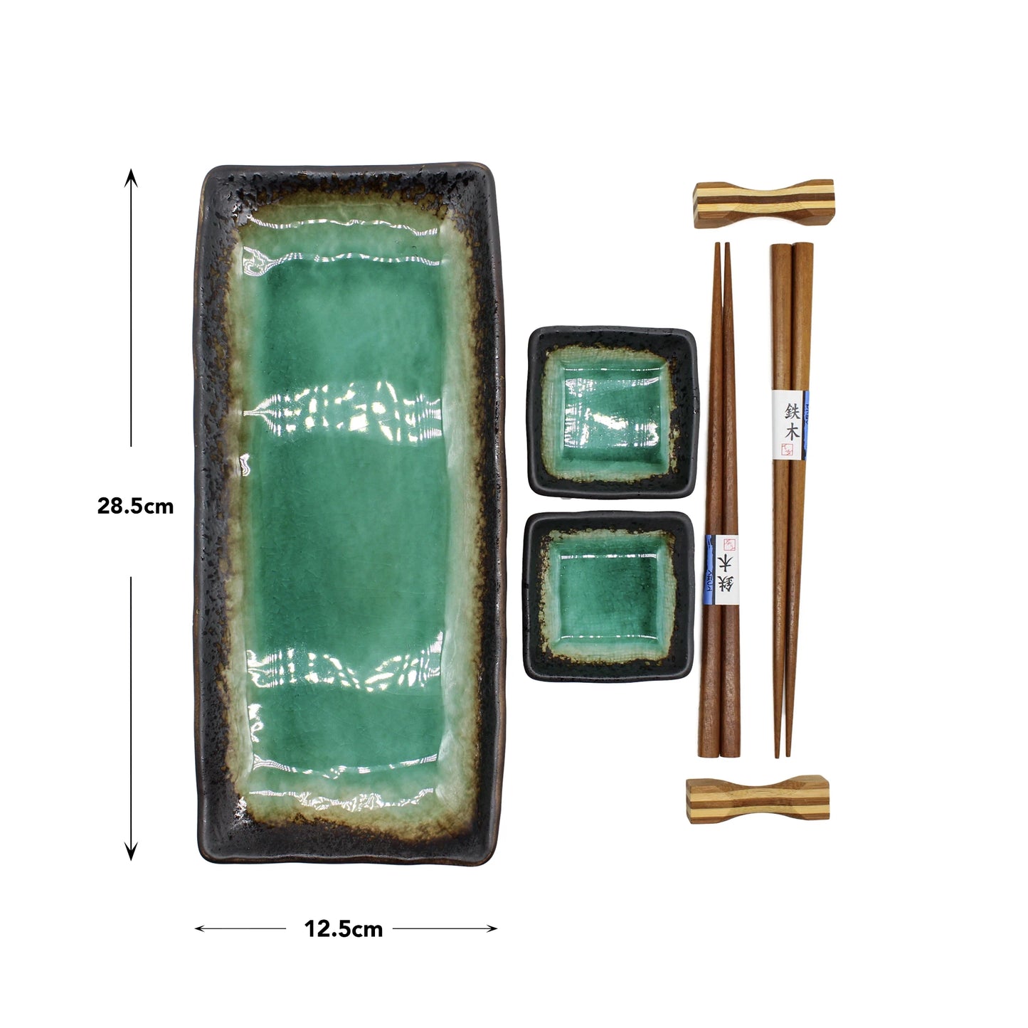 
                  
                    The Sashimi Gift Set - Turquoise Crackle Glaze features a rectangular green ceramic plate (28.5cm x 12.5cm), two small matching square dishes, and two pairs of wooden chopsticks with rests—ideal artisan tableware for any occasion.
                  
                
