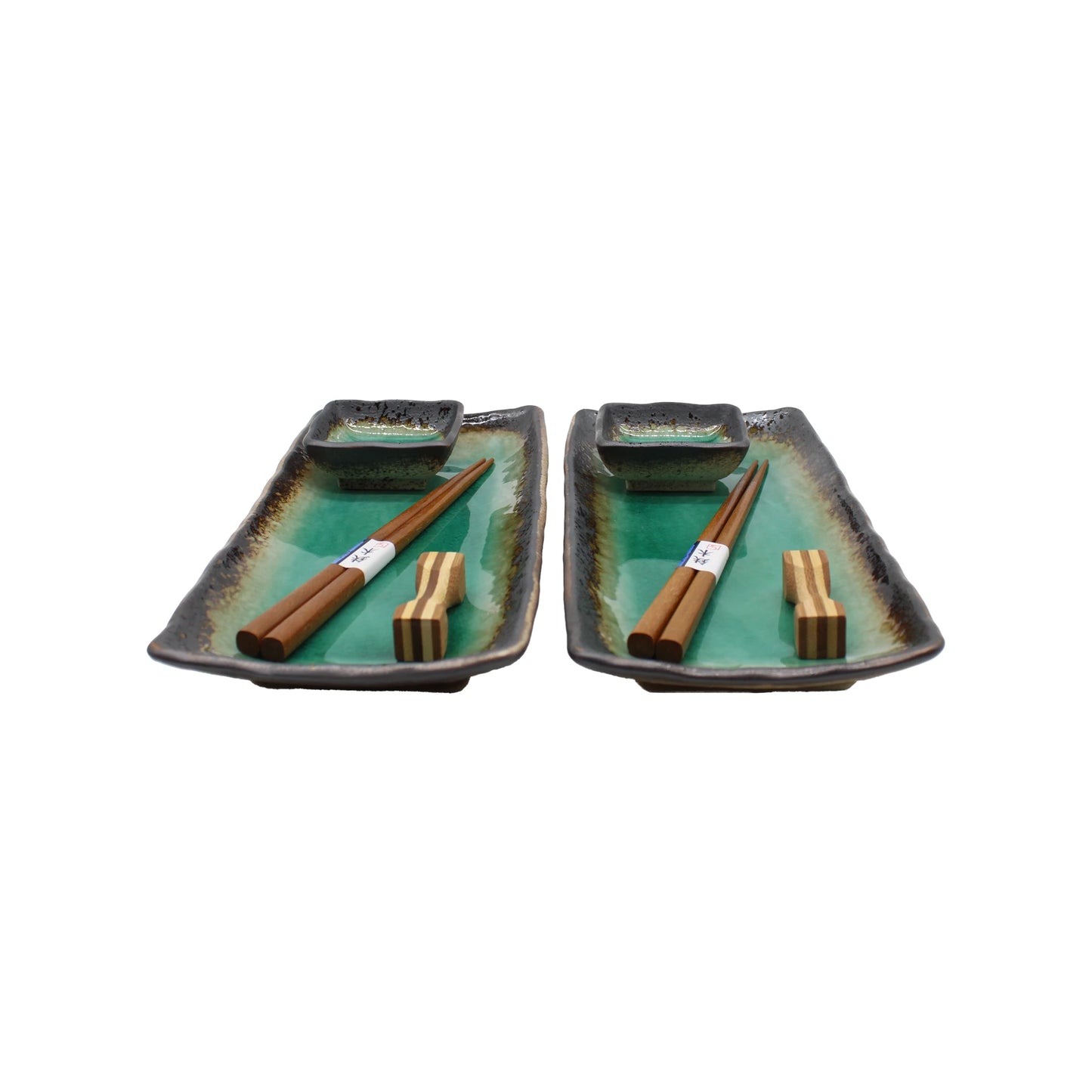 The Sashimi Gift Set - Turquoise Crackle Glaze features two rectangular turquoise ceramic sushi plates with a crackle finish, each paired with a matching sauce dish, wooden chopsticks, and a chopstick rest, arranged side by side on a white background.