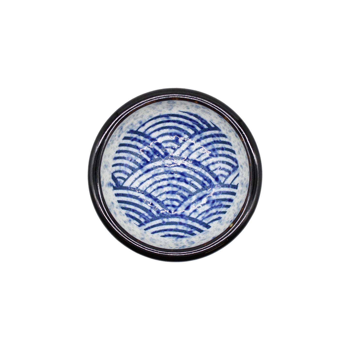 Top view of the Soy Sauce Dish - Japanese Wave, featuring a blue seigaiha pattern inside, displayed on a plain white background.