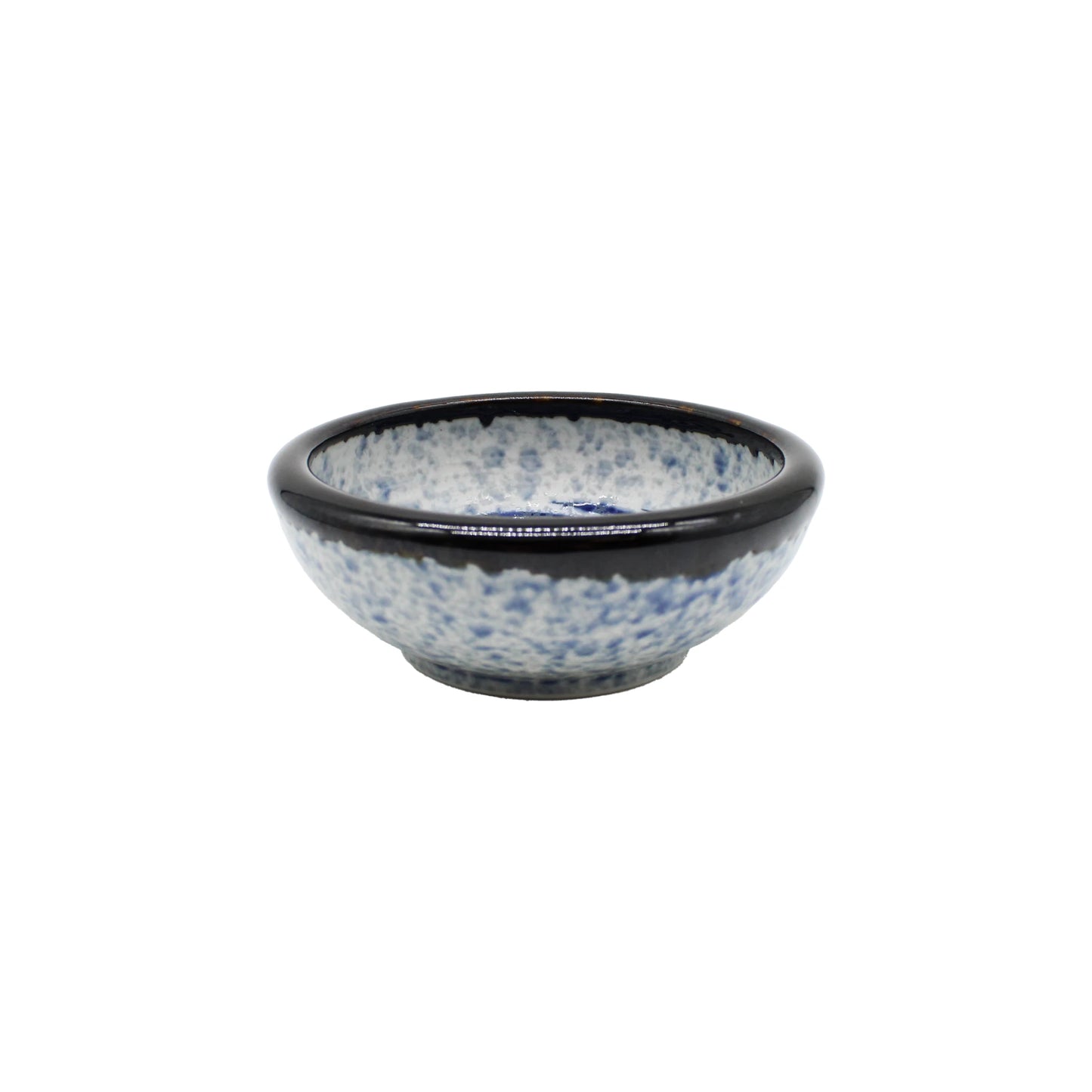 
                  
                    The Soy Sauce Dish - Japanese Wave is a small Japanese ceramic bowl with a glossy, speckled blue and white interior, subtle blue wave design, and dark rim, shown from the front against a white background.
                  
                