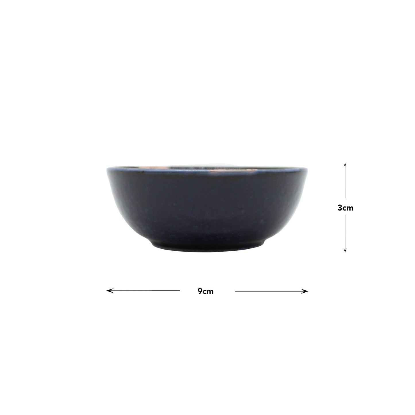 
                  
                    A small navy and pink Sakura Blossom Soy Sauce Dish, 9 cm in diameter and 3 cm high, shown with measurement arrows for scale—a refined piece of Japanese tableware.
                  
                