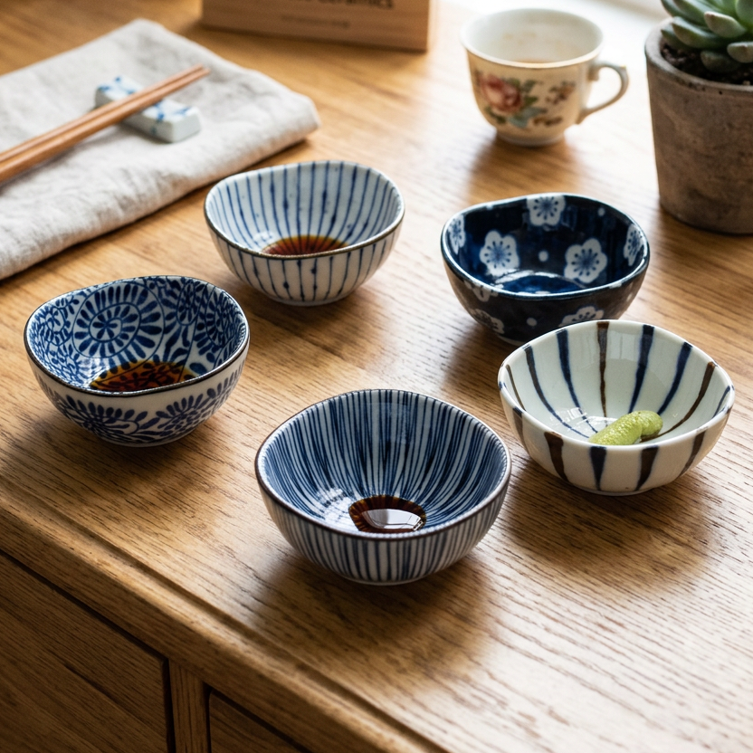 
                  
                    Five small Aizome Japanese porcelain sauce dishes decorated with varied indigo blue patterns, sitting on a wooden surface.
                  
                