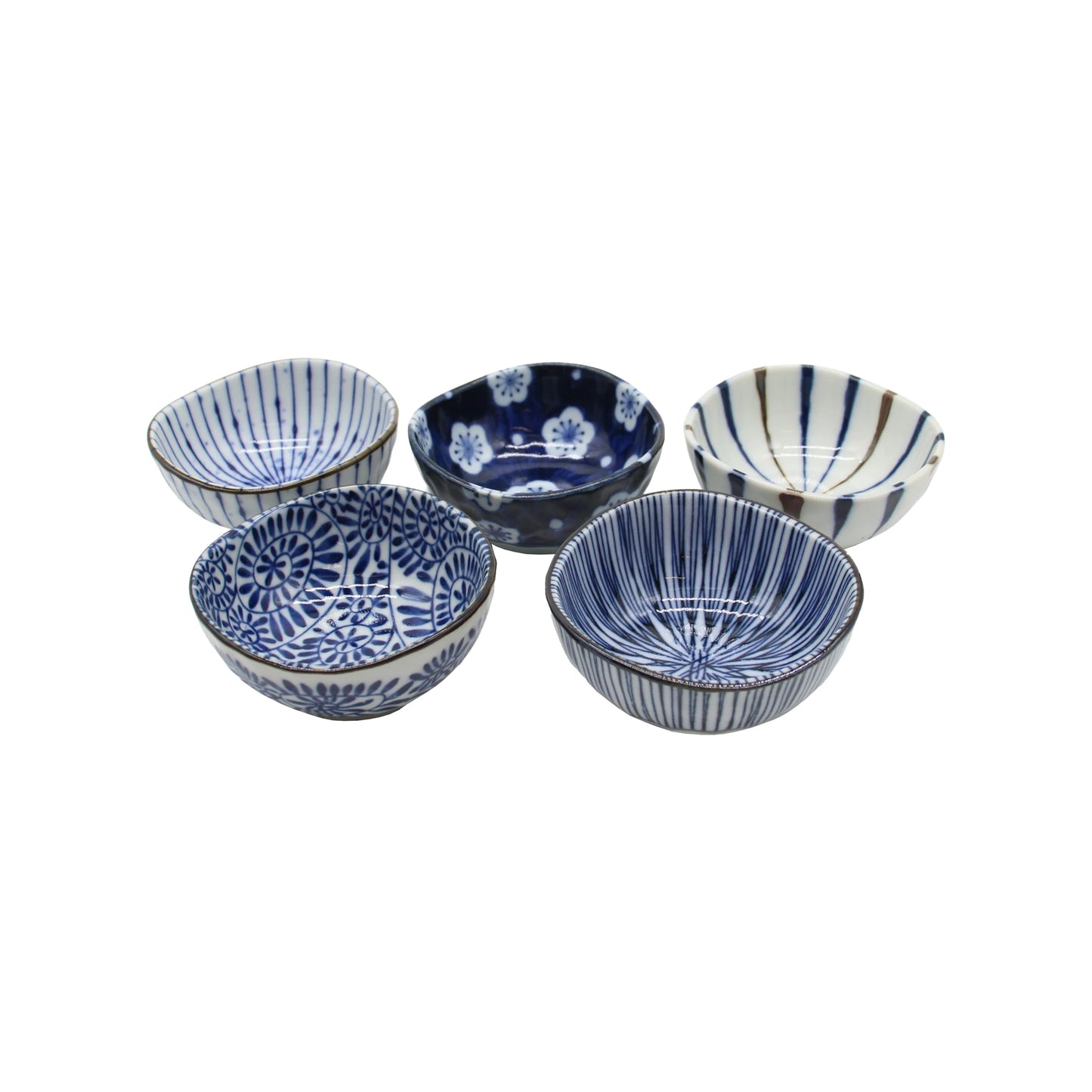 
                  
                    Five small Japanese porcelain sauce dishes from the 5 Piece Japanese Sauce Dish Set - Aizome with varying indigo blue patterns.
                  
                