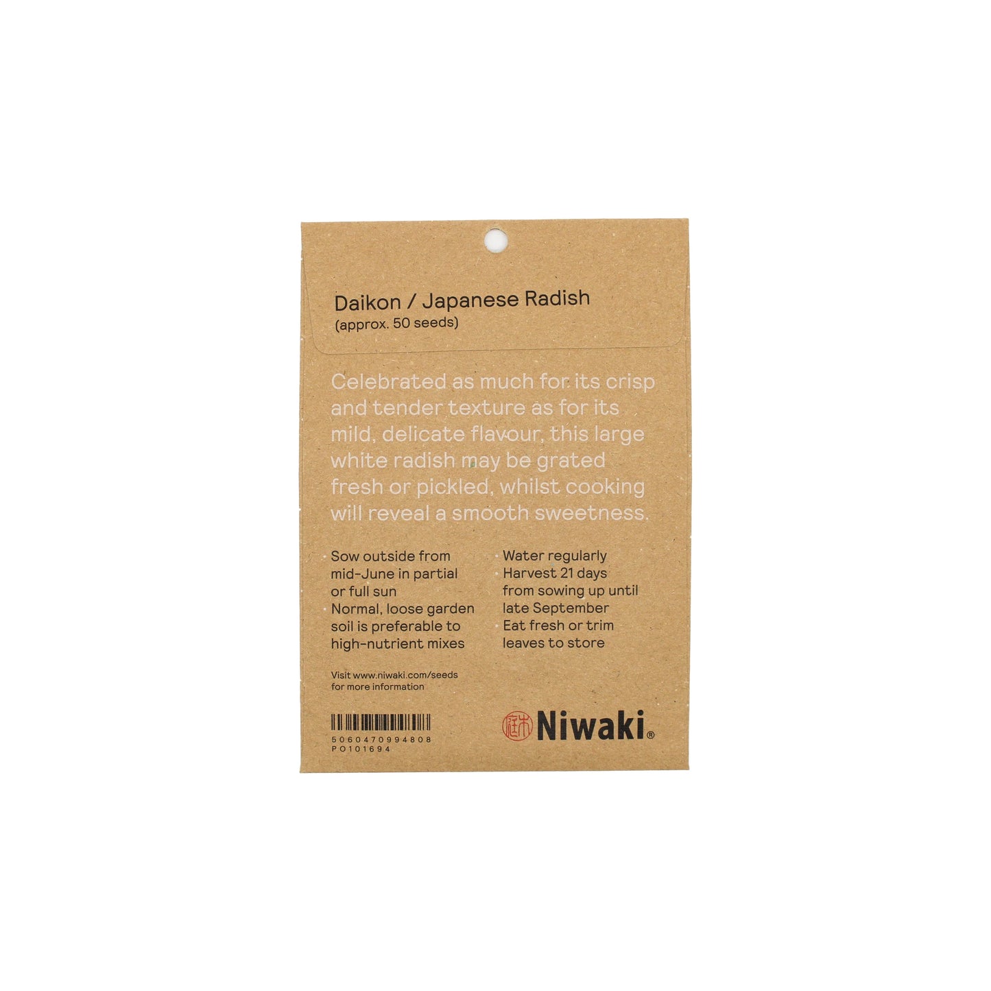 
                  
                    Brown packet of Daikon 'Mino Wase' Radish Seeds with planting instructions and a description in white text—perfect for growing authentic Japanese radish varieties in UK kitchen gardens.
                  
                