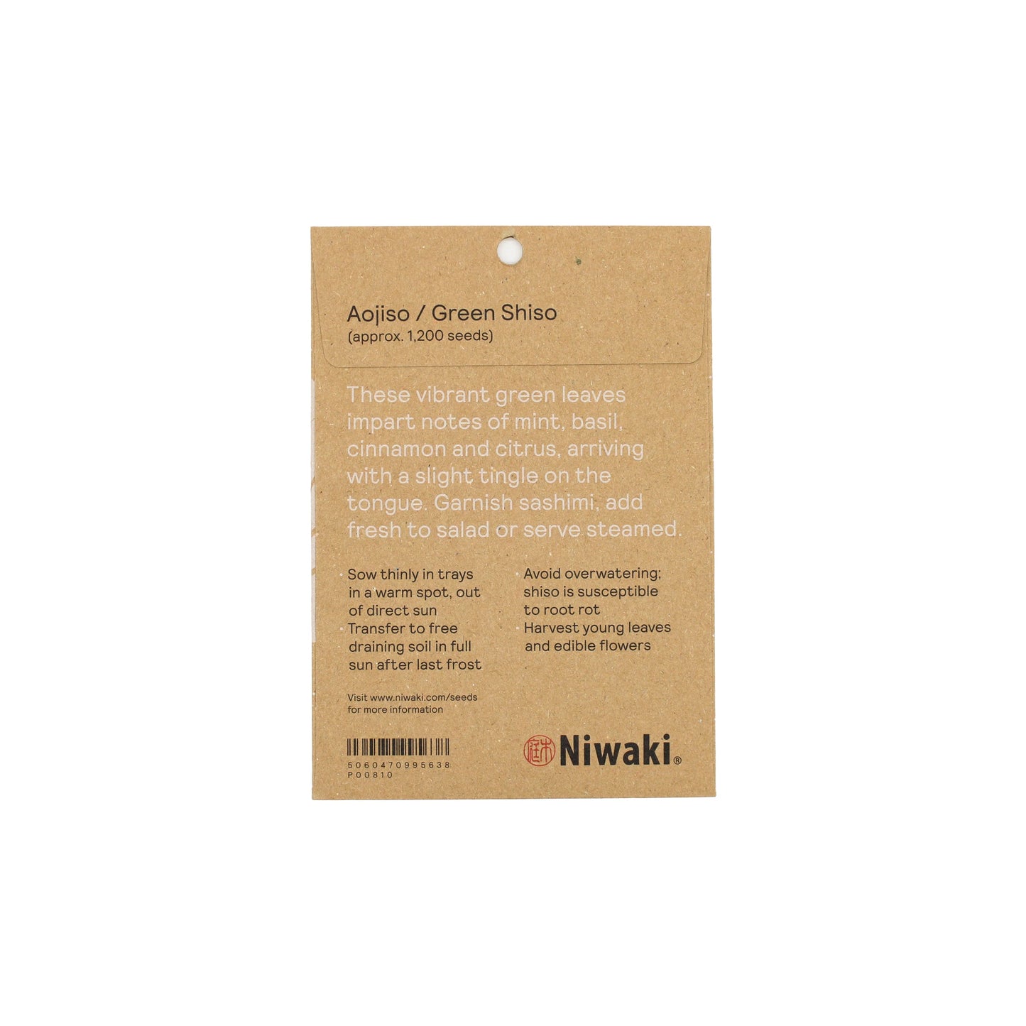 
                  
                    A brown packet labeled "Green Shiso Seeds" includes planting instructions, flavor notes for this classic Japanese herb (Perilla frutescens), and features the Niwaki brand logo at the bottom.
                  
                