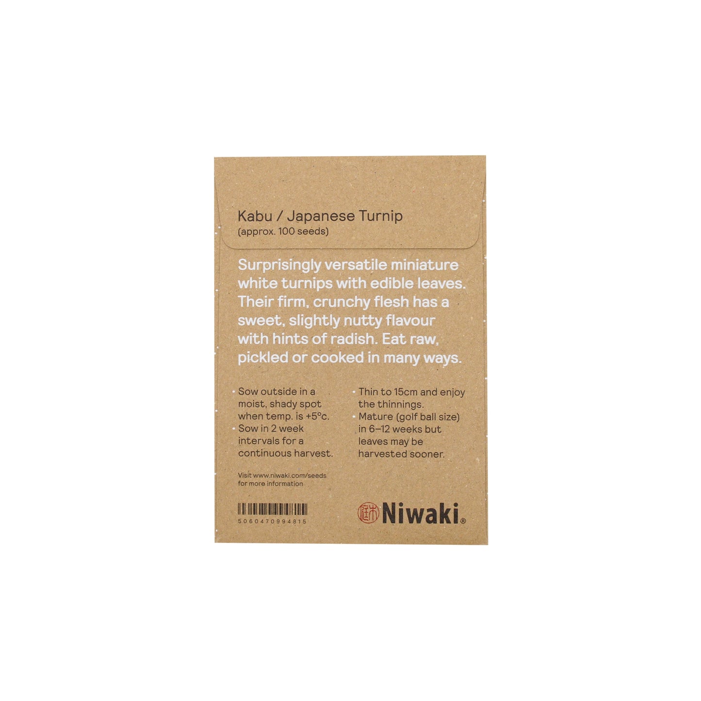 
                  
                    Back of a seed packet labeled Kabu 'Tokyo Cross' Turnip Seeds, showing sweet, nutty Japanese miniature turnips with growing tips and culinary uses; Niwaki branding is displayed at the bottom.
                  
                