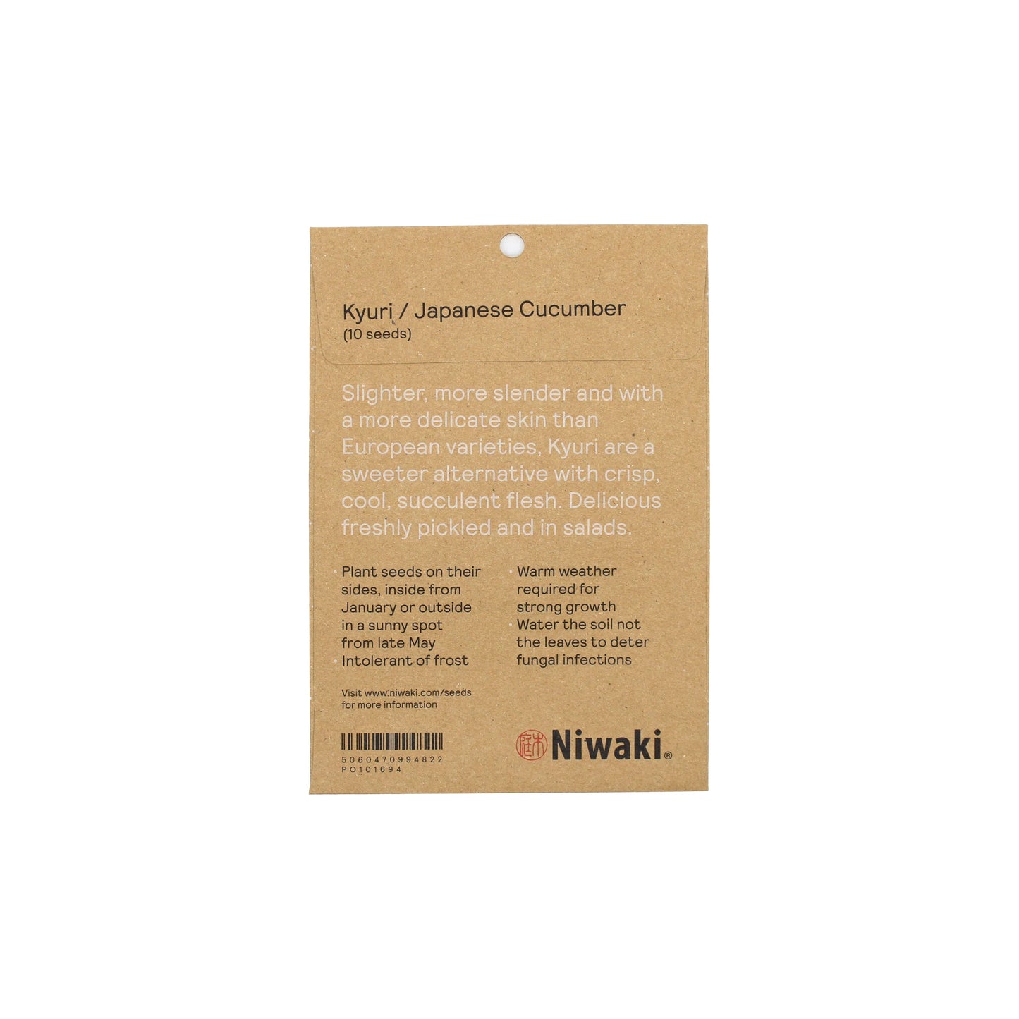 
                  
                    Brown seed packet labeled Kyuri 'Bon Odori' Cucumber Seeds, featuring description and planting instructions in white text. Niwaki logo and barcode at the bottom emphasize this flavorful Japanese cucumber variety.
                  
                