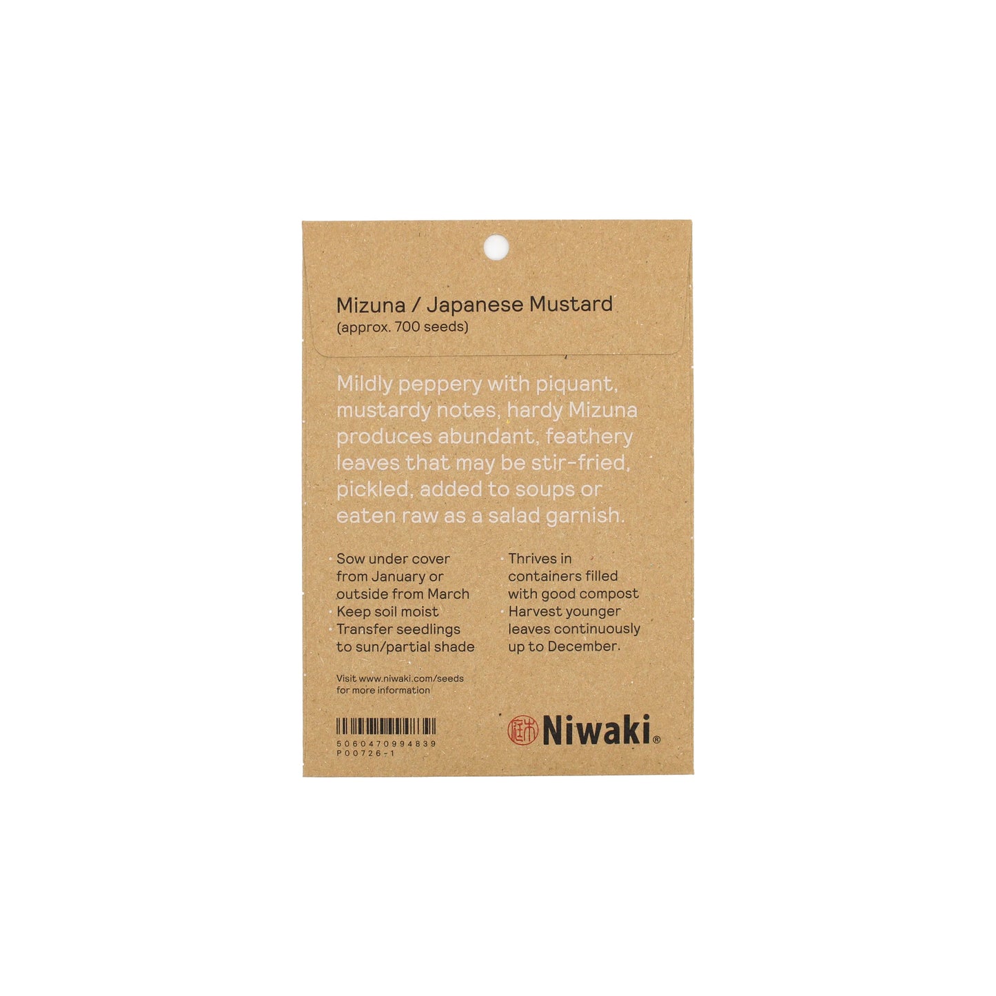 
                  
                    Mizuna Japanese Mustard Seeds packet with sowing instructions, growth conditions, and plant uses; features the Niwaki brand name at the bottom.
                  
                
