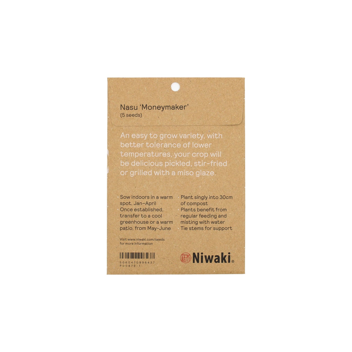 
                  
                    Back of a brown card packet for Nasu 'Moneymaker' Aubergine Seeds, featuring growing instructions and company details.
                  
                
