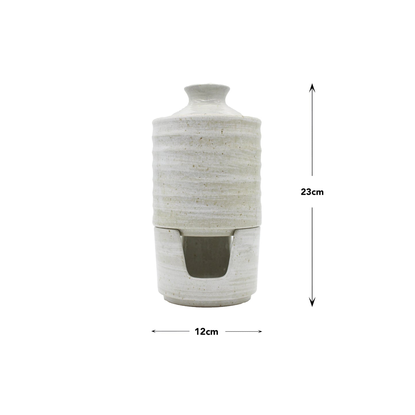 
                  
                    Ceramic Seiji Sake Warmer with lid and spout, 23 cm tall x 12 cm wide, shown against a white background with dimensions marked.
                  
                