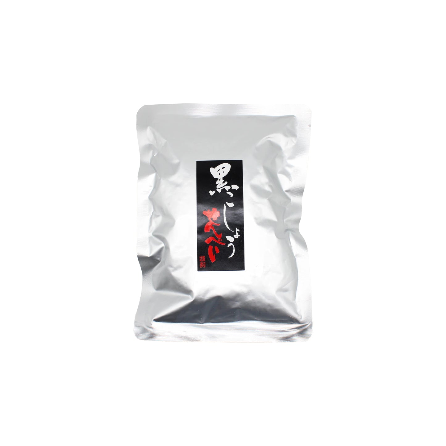 
                  
                    A silver vacuum-sealed pouch with a black label featuring Japanese text and red accents keeps Japanese Rice Crackers - Black Pepper Senbei 90g fresh and flavourful.
                  
                