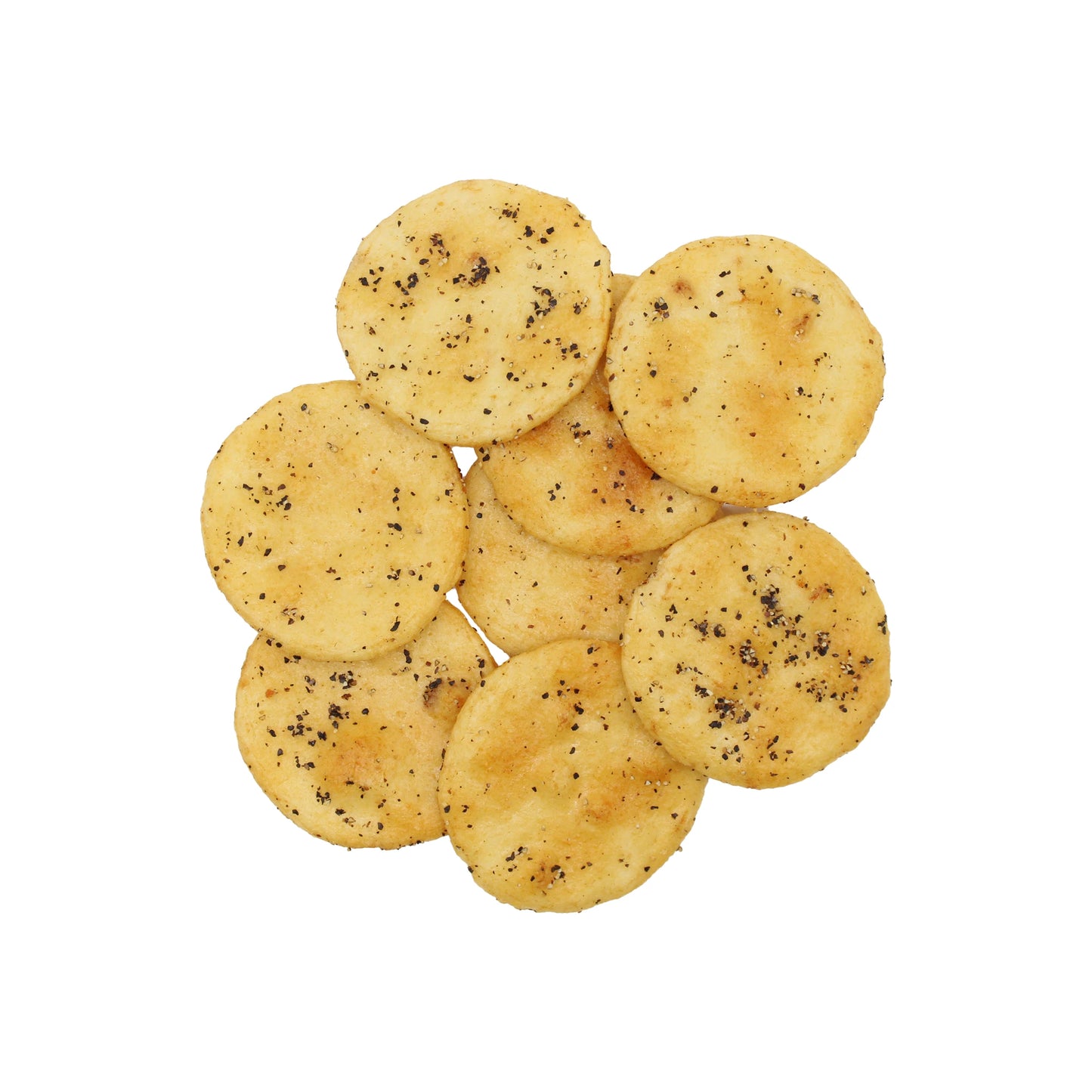 
                  
                    Japanese Rice Crackers - Black Pepper Senbei 90g: round, lightly browned crackers with bold black pepper seasoning, perfect for savoury snack lovers.
                  
                