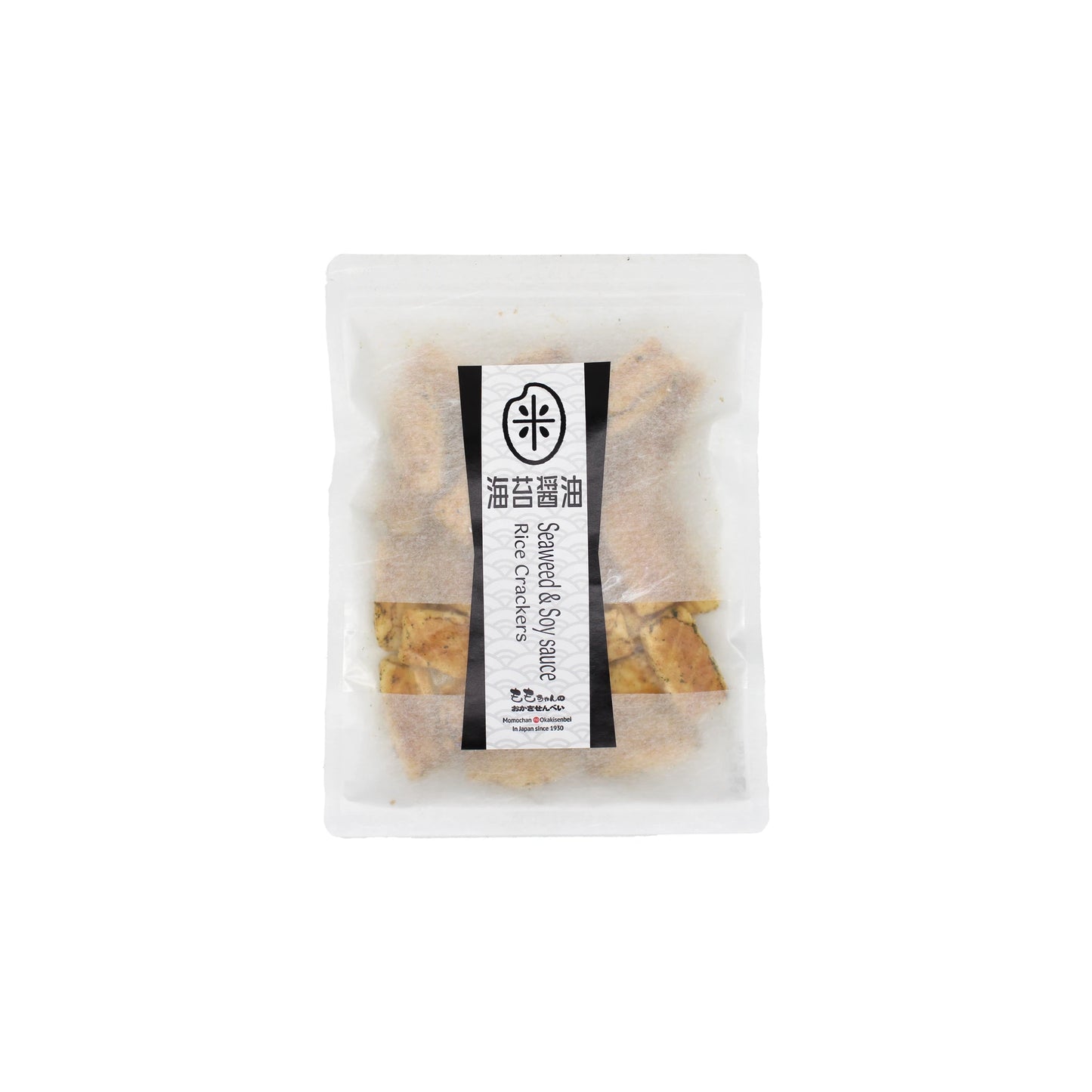 
                  
                    A clear plastic package of Japanese Rice Crackers - Senbei Seaweed & Soy Sauce 80g, featuring aosa seaweed senbei and sauce, with a black and white bilingual label in English and Japanese.
                  
                