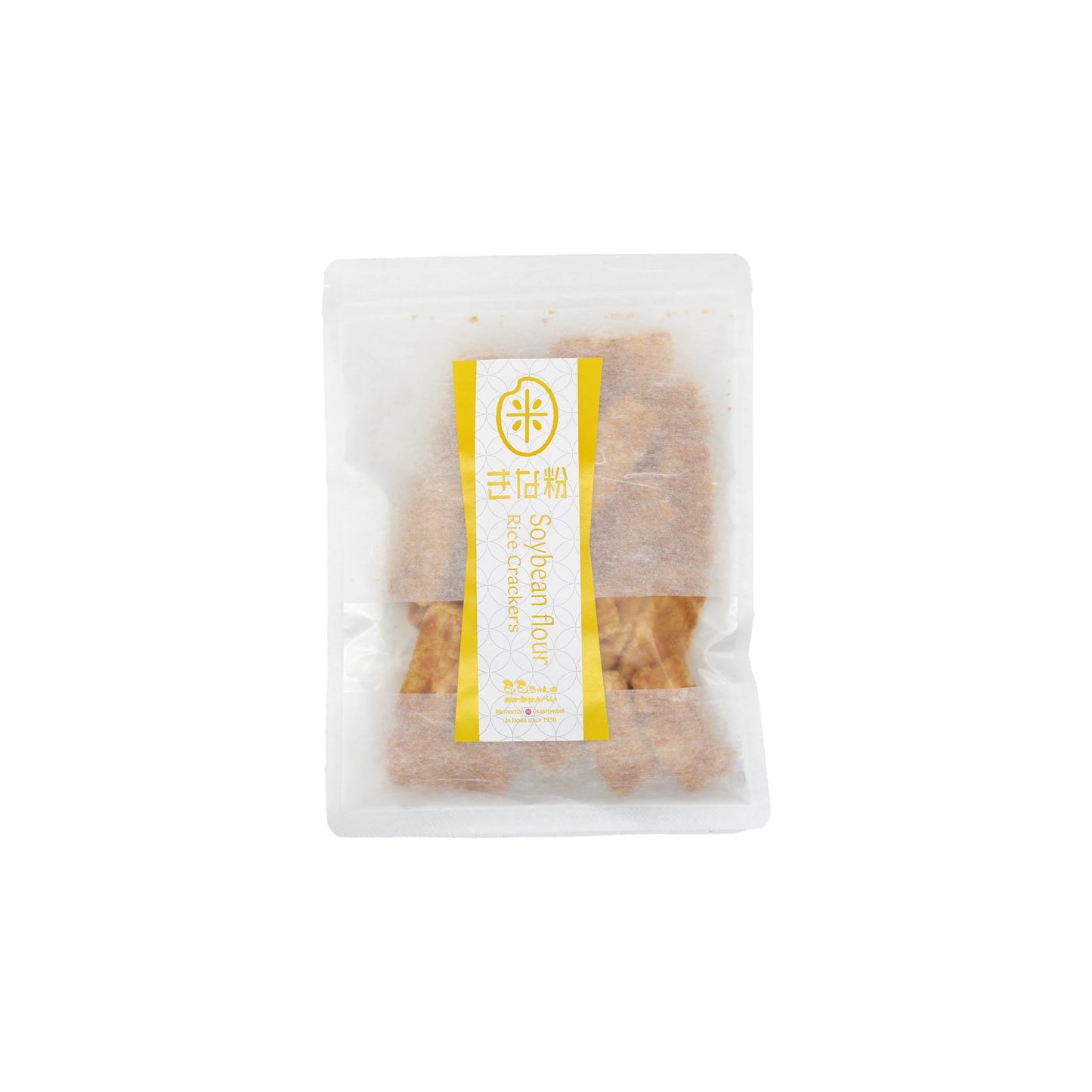 
                  
                    A clear plastic pouch of Japanese Rice Crackers - Senbei Kinako Soybean Flour 80g, featuring a yellow and white label with Japanese text and a rice symbol, offers a delightful snack reminiscent of traditional senbei.
                  
                