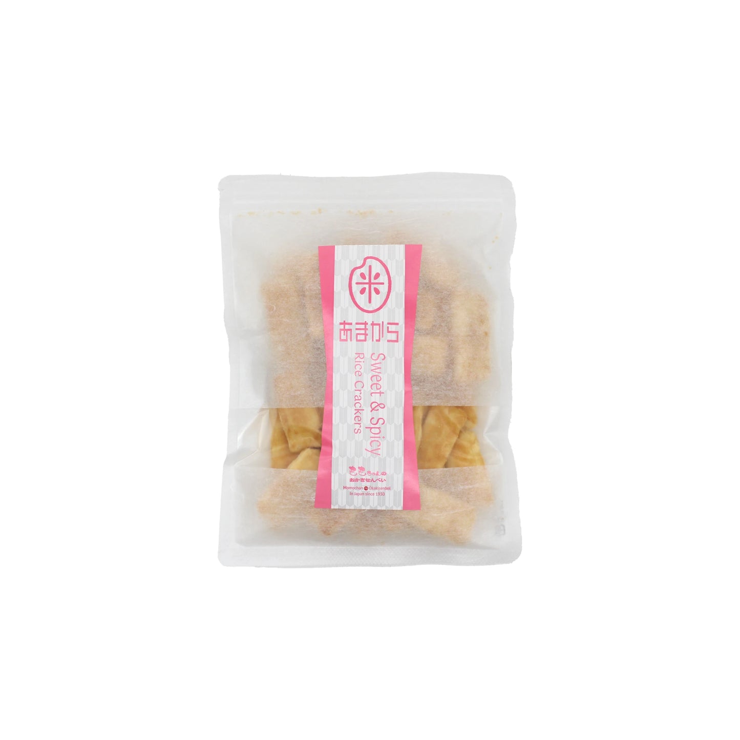
                  
                    A clear plastic package labeled "Japanese Rice Crackers - Senbei Sweet & Spicy 80g" with pink and white branding, containing several rectangular Japanese senbei rice crackers.
                  
                
