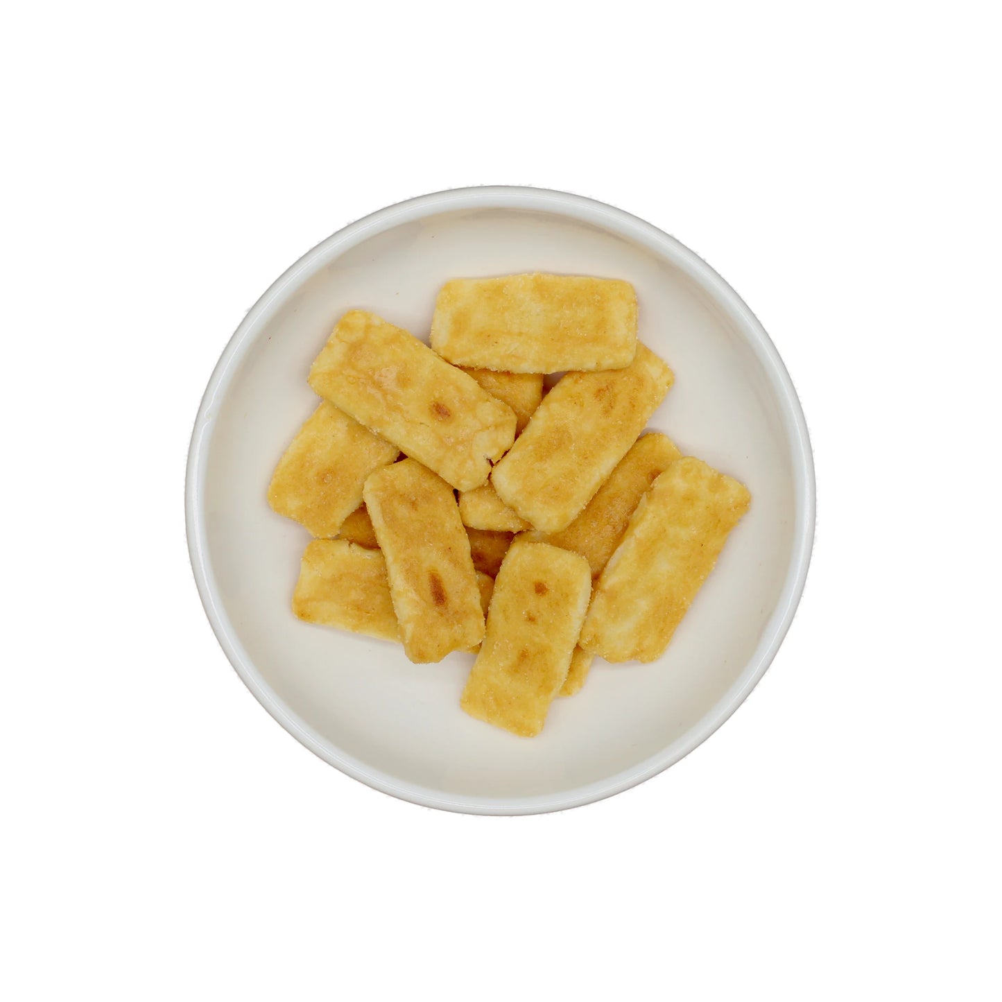 
                  
                    A white bowl filled with Japanese Rice Crackers - Senbei Sweet & Spicy 80g, a golden-brown, popular snack, photographed from above on a white background.
                  
                