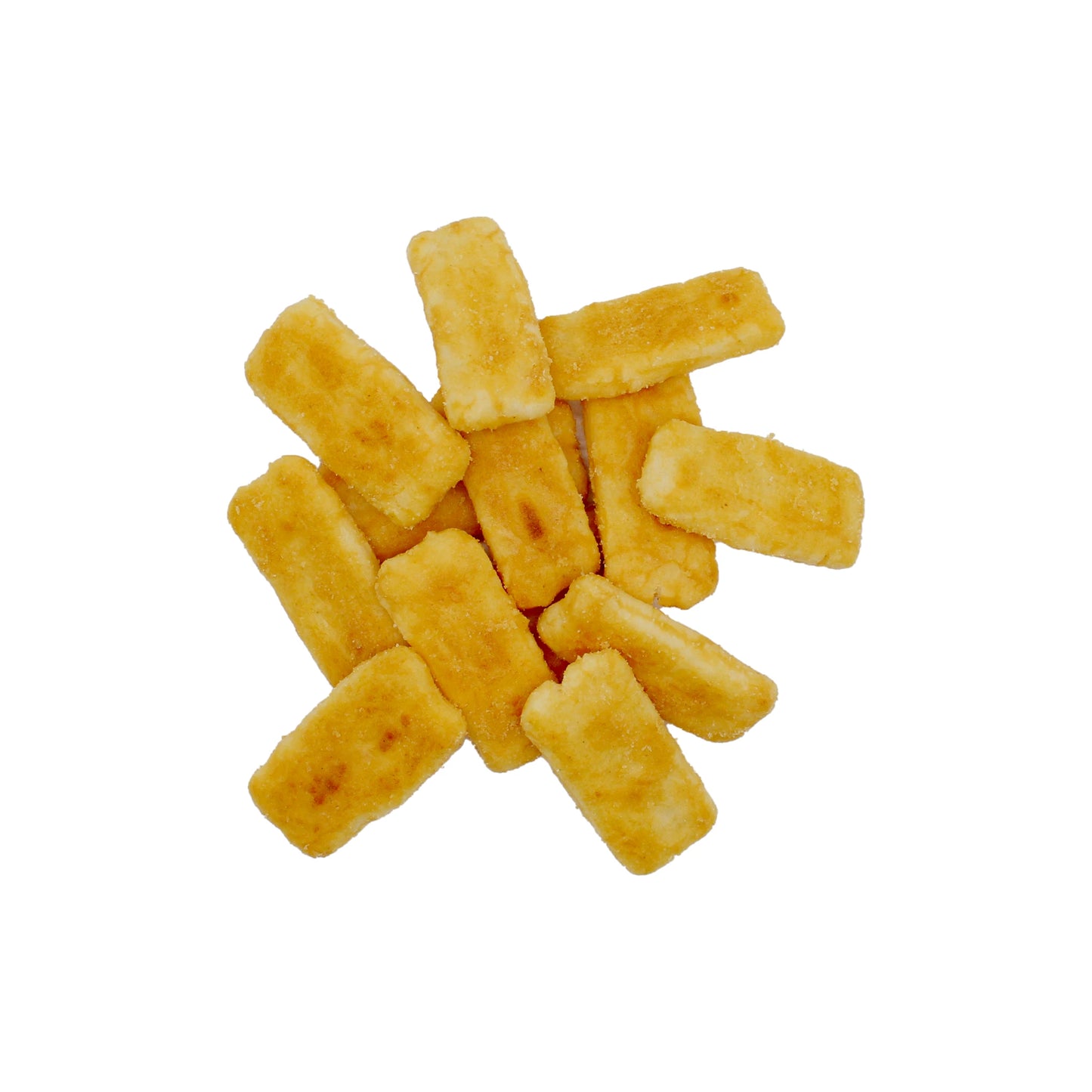 
                  
                    A loose pile of golden-brown Japanese Rice Crackers - Senbei Sweet & Spicy 80g is arranged on a white background.
                  
                
