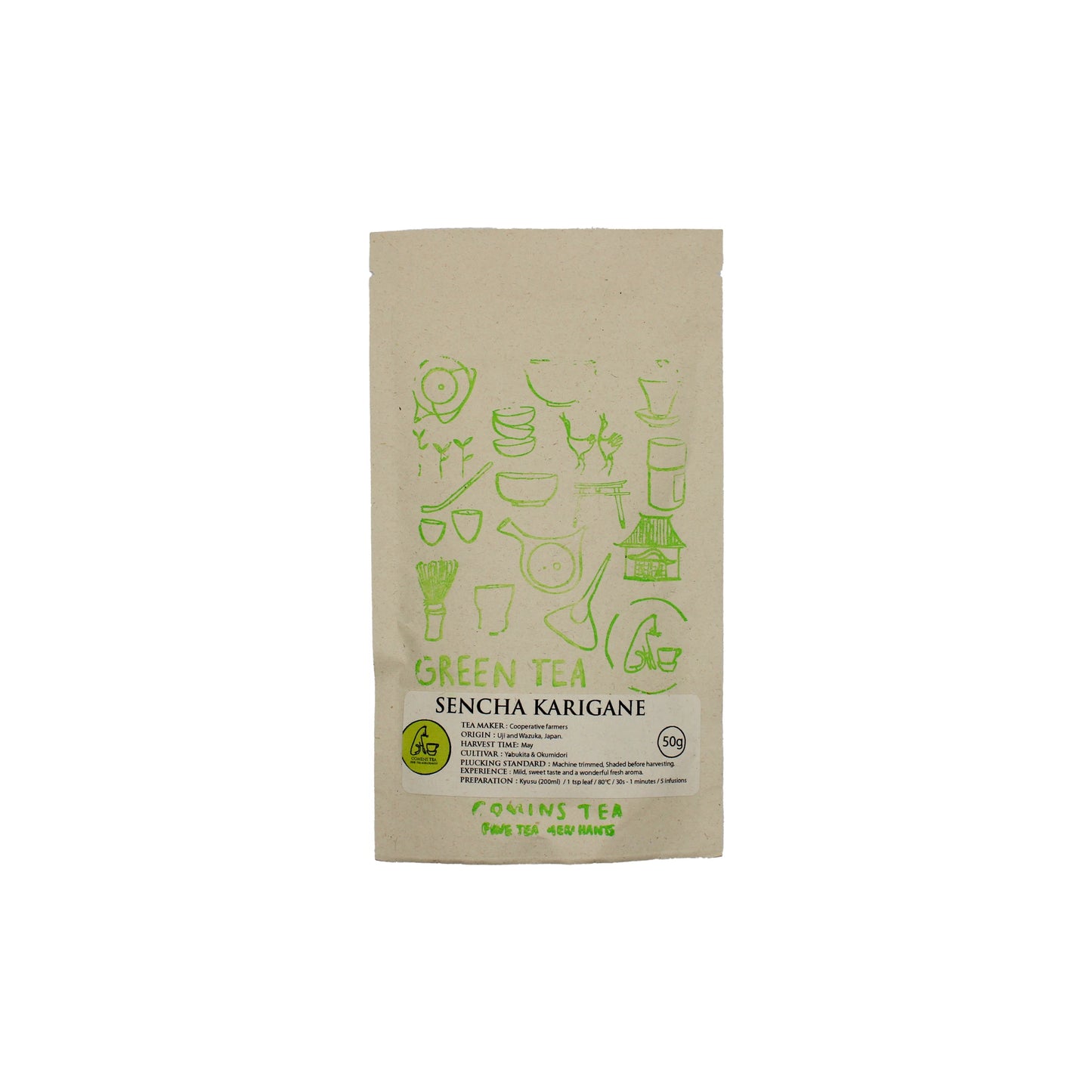 A brown paper package of Sencha Karigane Tea - 50g, featuring green line drawings of tea items and a white front label.