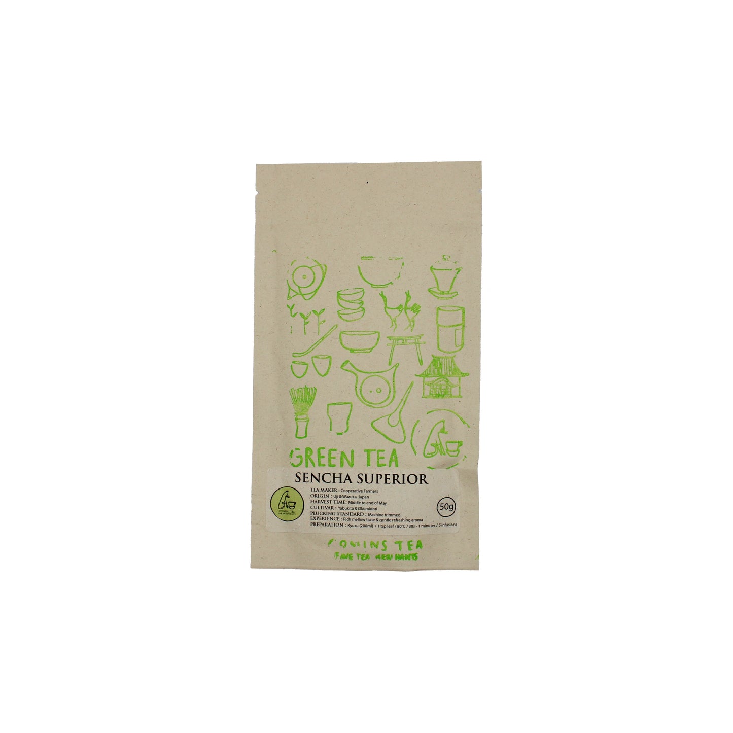 A brown paper bag labeled "Sencha Superior Tea - 50g" with green tea-themed illustrations contains a first flush tea, celebrated for its mellow flavor and high traditional blended quality.