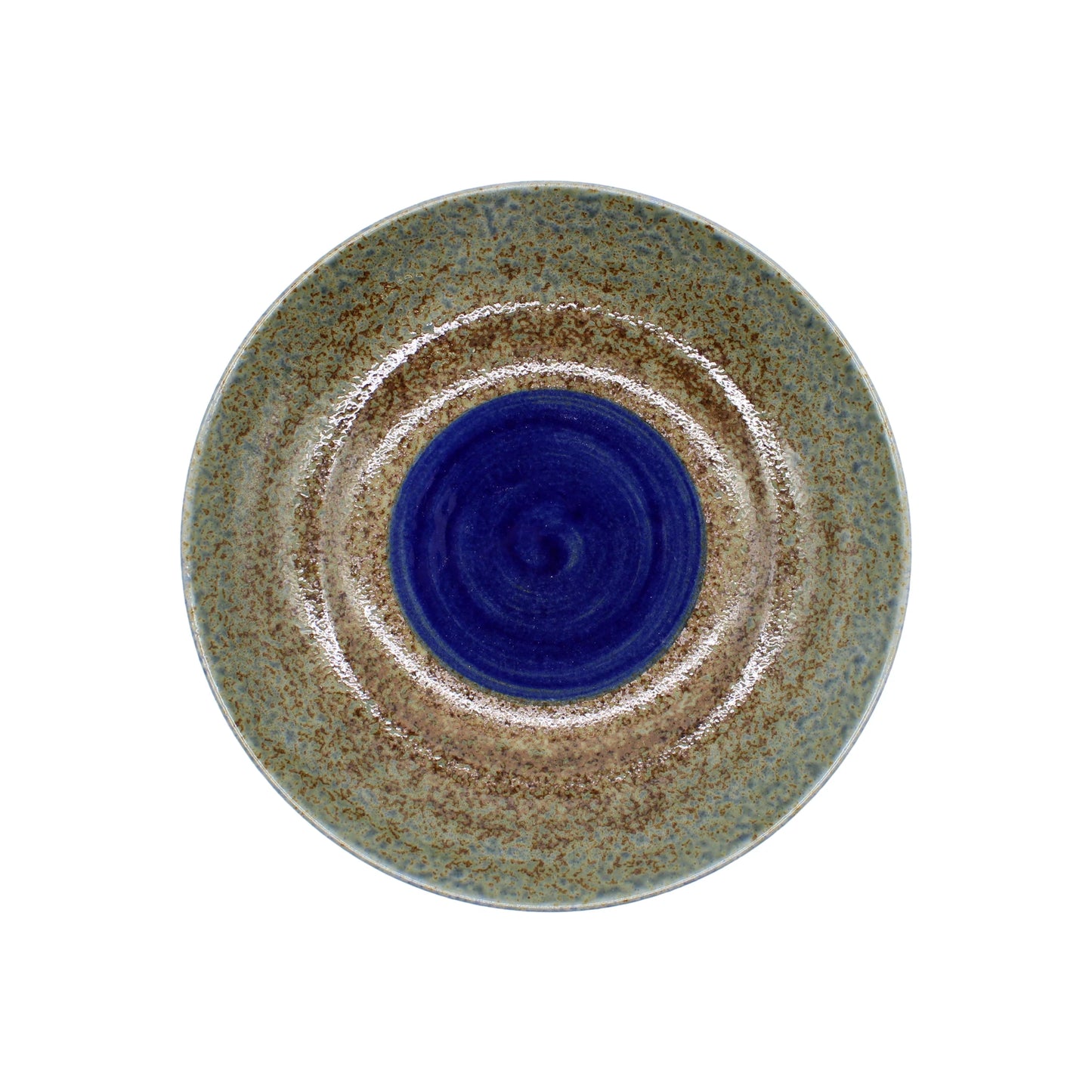 The Serving Bowl - Brown & Blue 'Aki' Design features a blue center with brown and beige concentric rings, inspired by Japanese ceramics. It's dishwasher and microwave safe for everyday use.