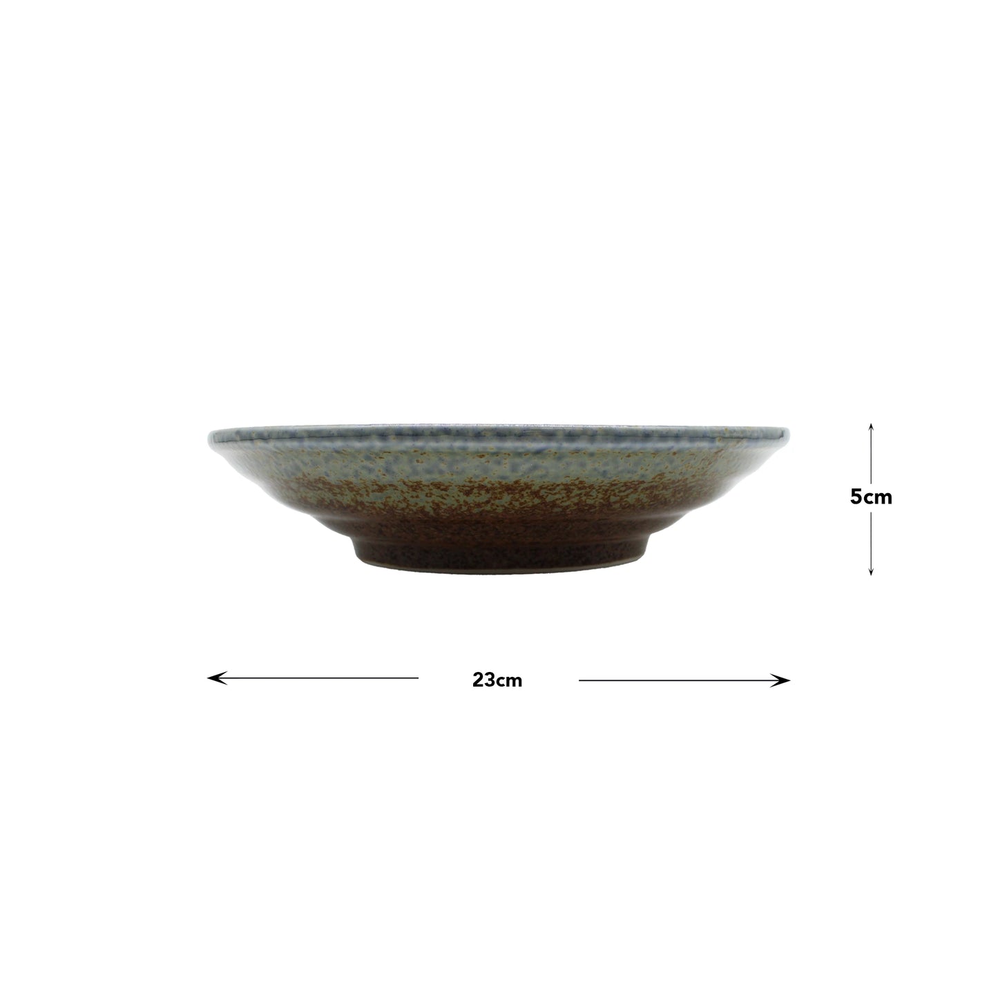 
                  
                    The Serving Bowl - Brown & Blue 'Aki' Design is a Japanese ceramic bowl with a 23 cm diameter and 5 cm height, shown on a white background with measurements. Dishwasher and microwave safe for daily use.
                  
                