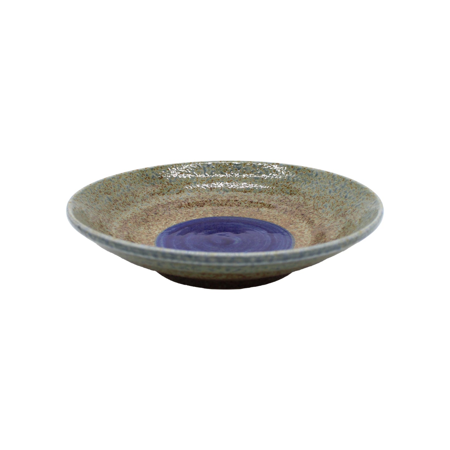 The Serving Bowl - Brown & Blue 'Aki' Design is a shallow, round Japanese ceramic bowl with a textured brown rim and glossy deep blue center. Handmade from porcelain, it is dishwasher and microwave safe and shown on a white background.