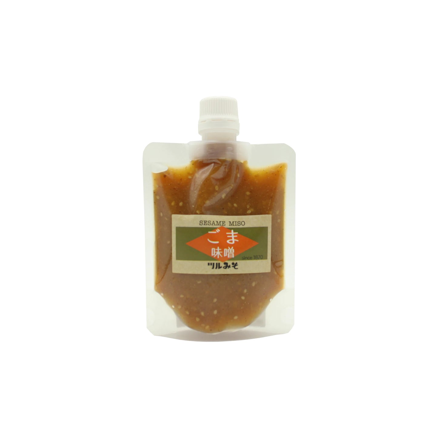 A clear plastic pouch containing Miso with Sesame - 150g, a rich brown sesame miso paste crafted with toasted sesame for enhanced depth of flavor, featuring a white screw cap and a label displaying Japanese text alongside the English words “SESAME MISO.”.