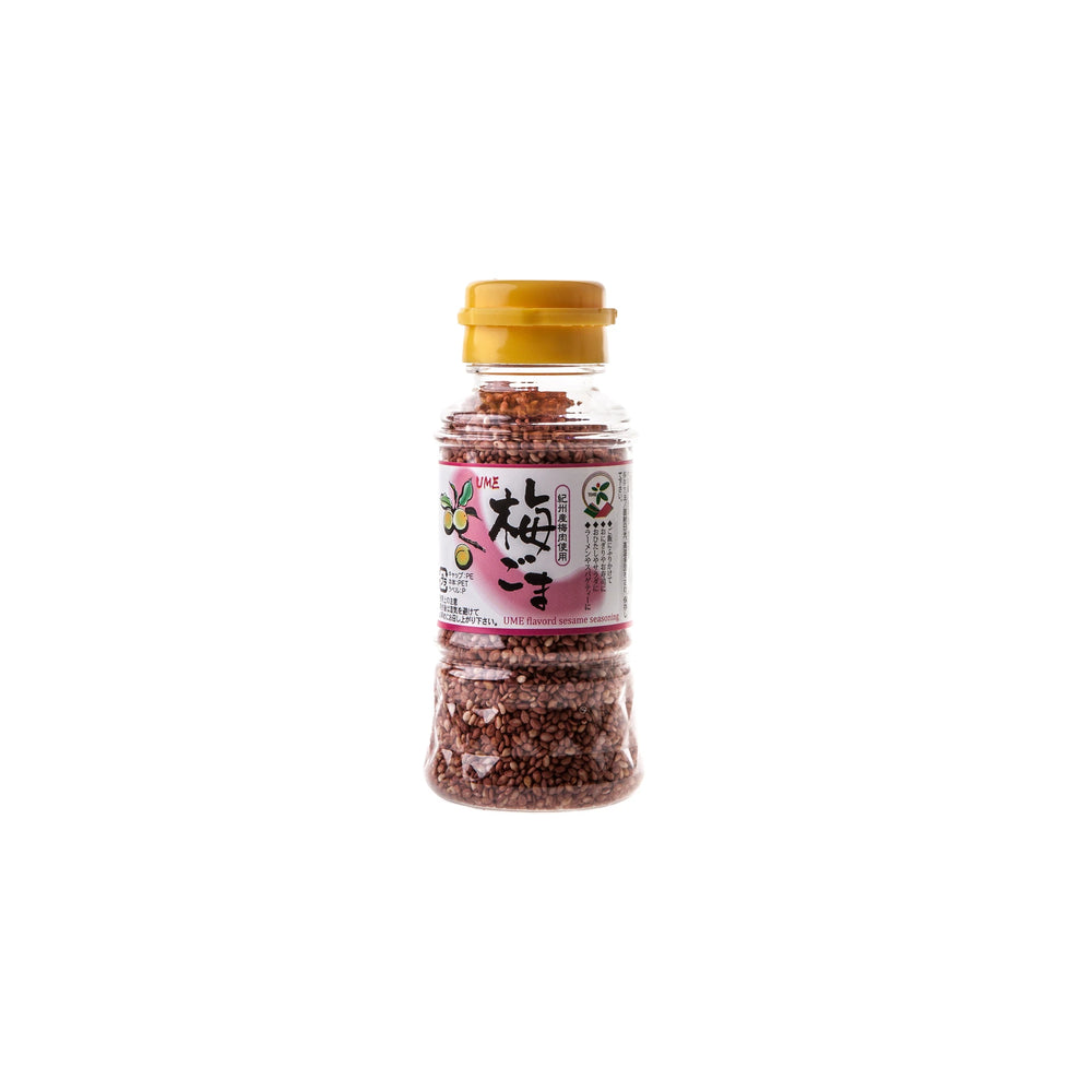 Sesame Seeds with Ume Plum comes in a clear bottle with a yellow cap and a pink, ume plum-themed Japanese label—ideal for adding flavor to yoghurt dips.
