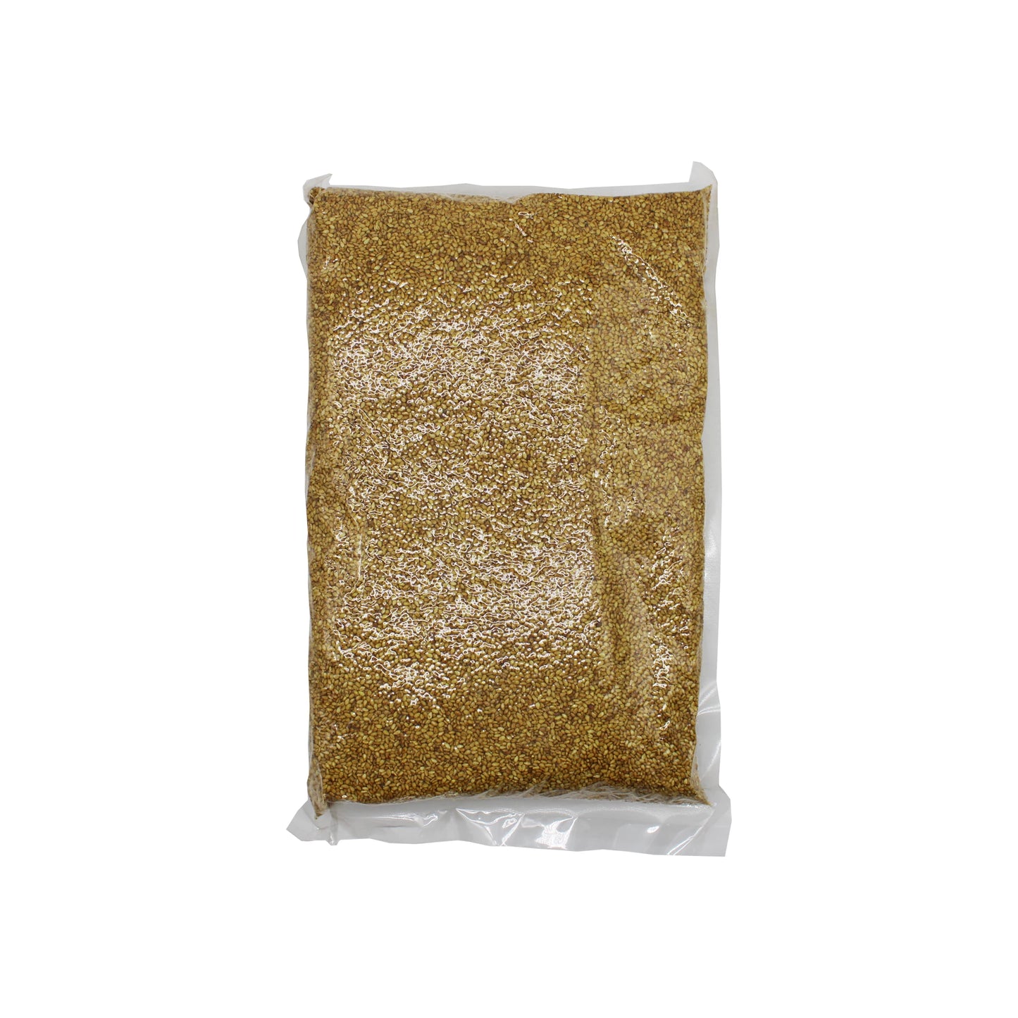 A sealed, transparent plastic bag of coarse, golden-brown Sesame Seeds with Curry—Japanese-inspired seasoning with roasted sesame seeds—shown against a white background.