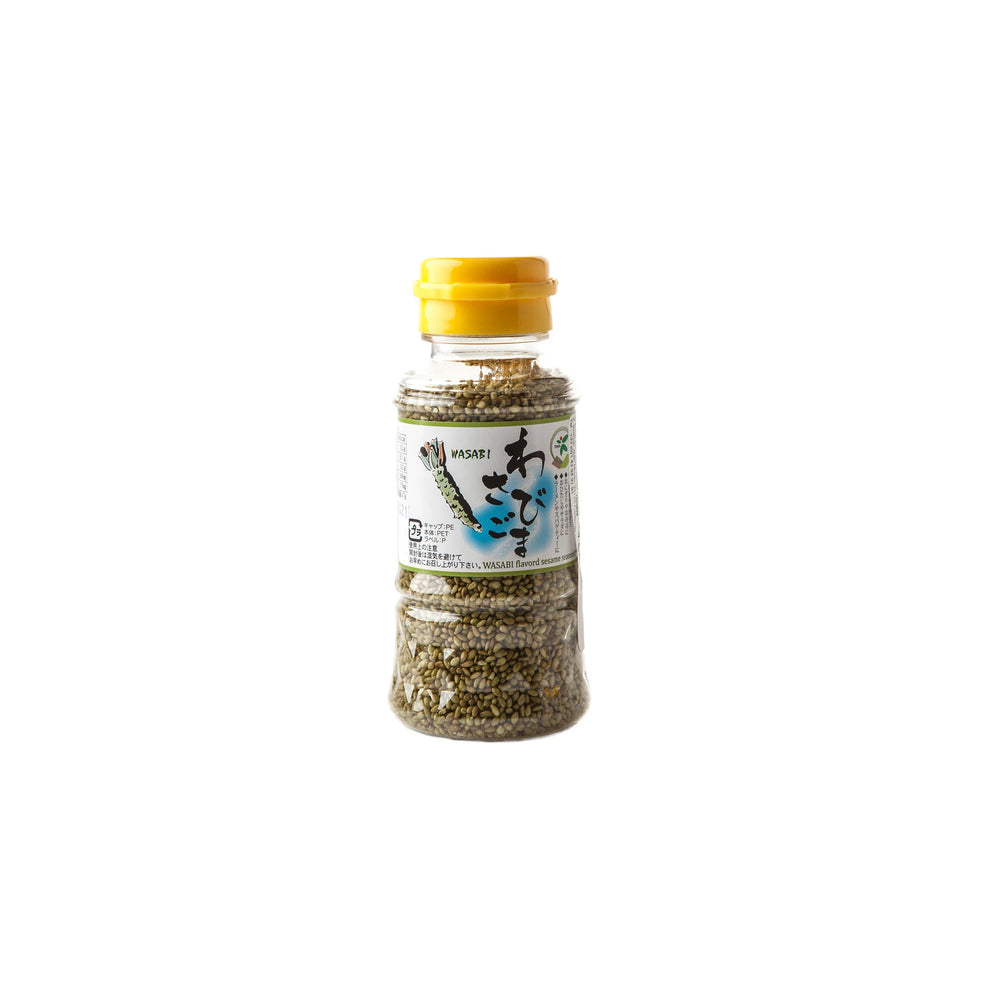 A clear plastic bottle with a yellow cap holds Sesame Seeds with Wasabi, labeled in Japanese and English—ideal for adding a spicy kick to salads or sprinkling over yogurt dip.