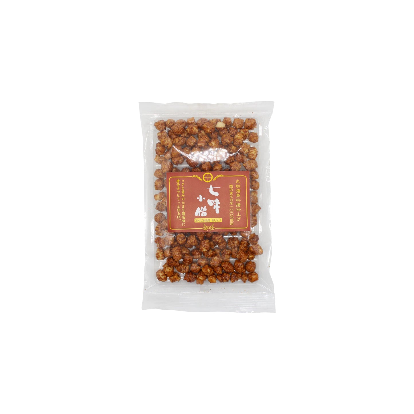 
                  
                    A clear plastic bag of Japanese Rice Crackers - Shichimi Kozo 80g contains small, round brown crackers with a savory taste, sealed with a red and gold label featuring Chinese text on the front.
                  
                